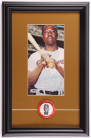Hank Aaron Signed Brewers Custom Framed Photo Display with 1968 Aaron 500 Home Run Pin (PSA) at PristineAuction.com