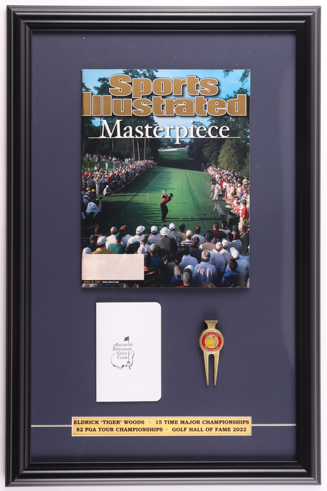 2001 Tiger Woods Masterpiece Vintage Full "Sports Illustrated" Custom Framed Magazine Display with Tiger Woods Career Plaque, Scorecard, & Vintage Divot Tool at PristineAuction.com 2001 Tiger Woods Masterpiece Vintage Full "Sports Illustrated" Custom Framed Magazine Display with Tiger Woods Career Plaque, Scorecard, & Vintage Divot Tool at PristineAuction.com