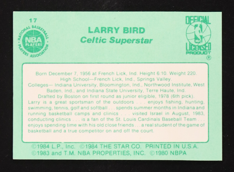Larry Bird 1984 Star #17 Personal Data at PristineAuction.com Larry Bird 1984 Star #17 Personal Data at PristineAuction.com