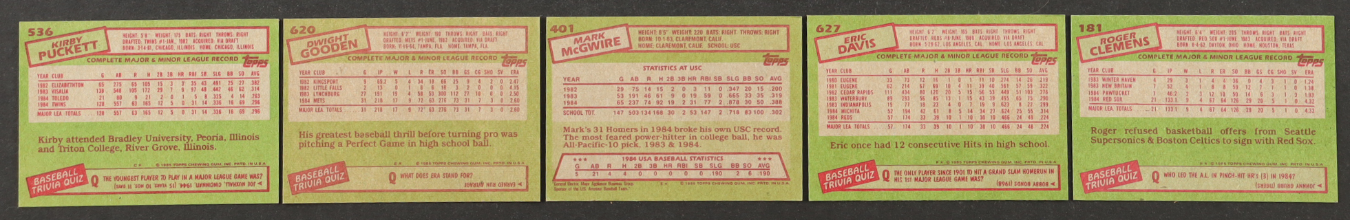 1985 Topps Baseball Complete Set of (792) Cards with Mark McGwire #401 RC, Kirby Puckett #536 RC, Roger Clemens #181 RC, Dwight Gooden #620 at PristineAuction.com 1985 Topps Baseball Complete Set of (792) Cards with Mark McGwire #401 RC, Kirby Puckett #536 RC, Roger Clemens #181 RC, Dwight Gooden #620 at PristineAuction.com