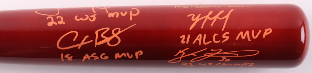 "2022 Astros World Series Champions" Victus Player Model Bat Signed by (5) with Yordan Alvarez, Jose Altuve, Alex Bregman, Kyle Tucker with Multiple Inscriptions (Beckett) at PristineAuction.com "2022 Astros World Series Champions" Victus Player Model Bat Signed by (5) with Yordan Alvarez, Jose Altuve, Alex Bregman, Kyle Tucker with Multiple Inscriptions (Beckett) at PristineAuction.com