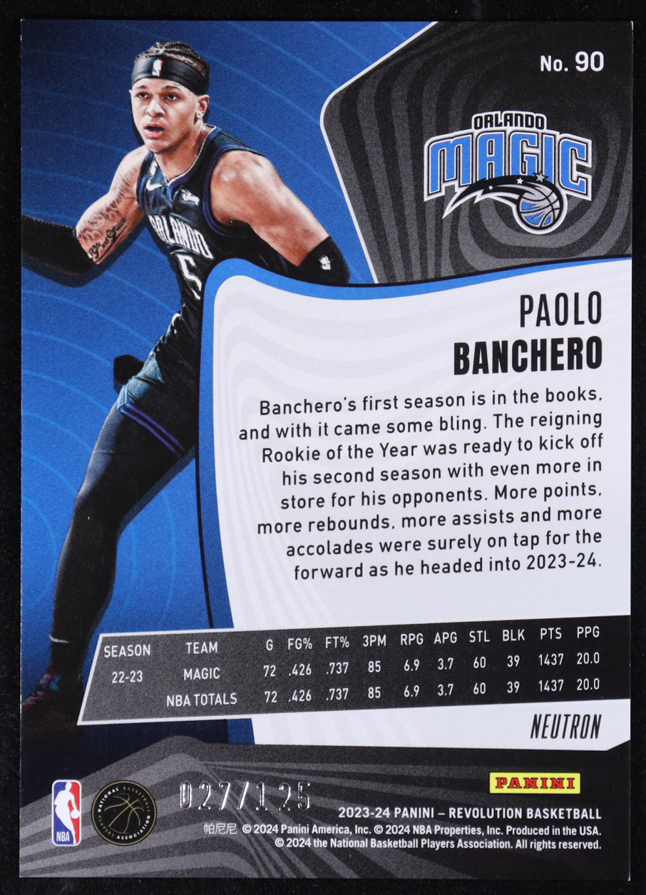 Paolo Banchero 2023-24 Panini Revolution Neutron #90 #027/125 at PristineAuction.com Paolo Banchero 2023-24 Panini Revolution Neutron #90 #027/125 at PristineAuction.com