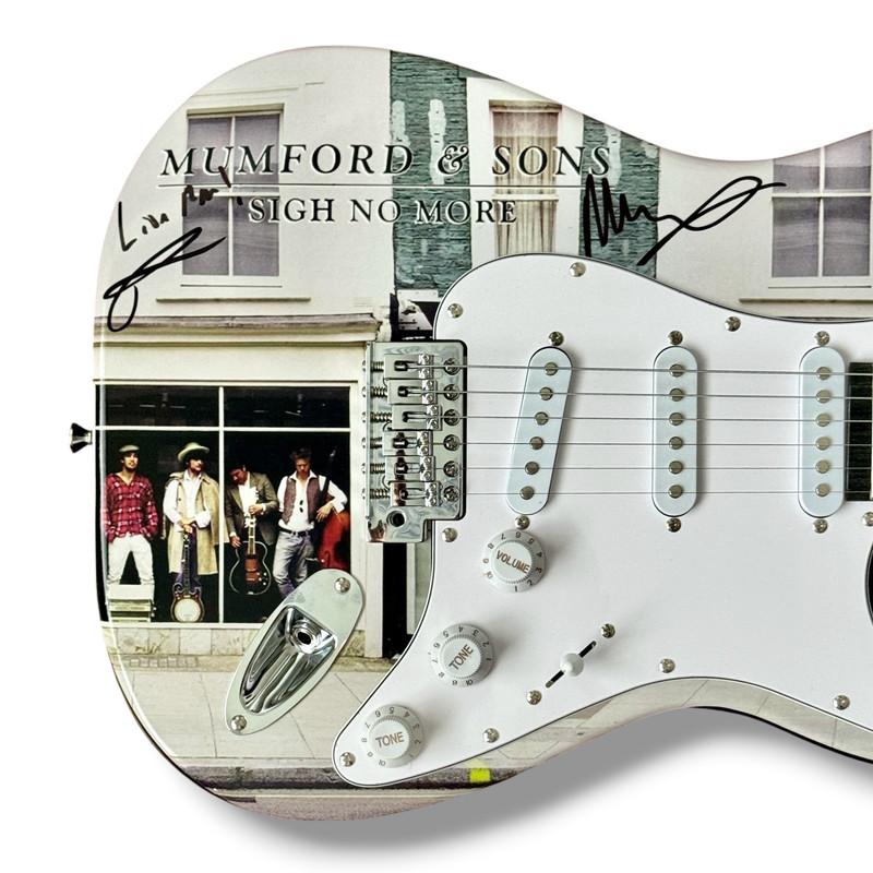 Marcus Mumford and Ted Dwane Signed "Mumford & Sons: Sigh No More" Stratocaster Guitar (JSA) at PristineAuction.com Marcus Mumford and Ted Dwane Signed "Mumford & Sons: Sigh No More" Stratocaster Guitar (JSA) at PristineAuction.com
