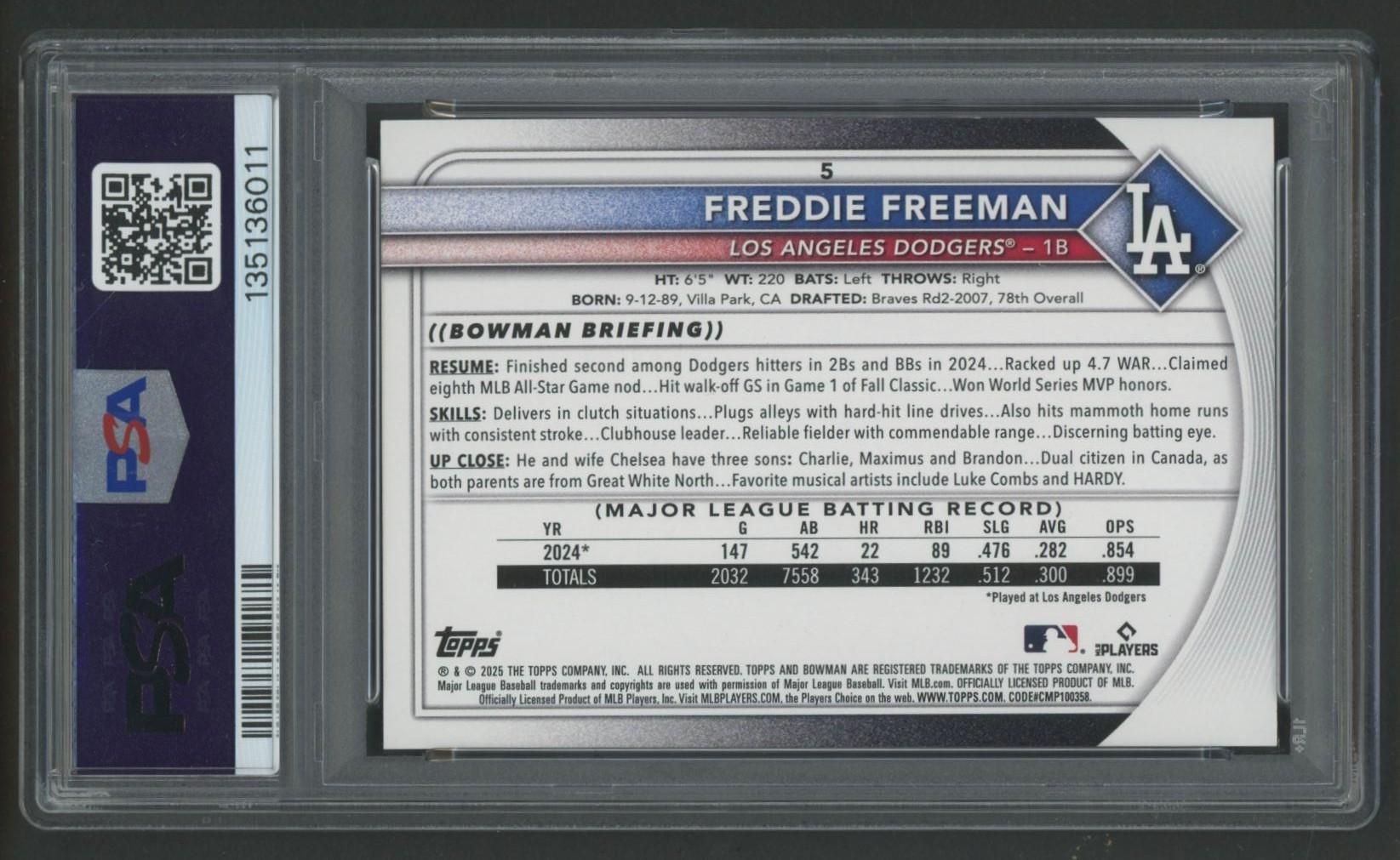 Freddie Freeman 2025 Bowman #5 (PSA 10) at PristineAuction.com Freddie Freeman 2025 Bowman #5 (PSA 10) at PristineAuction.com