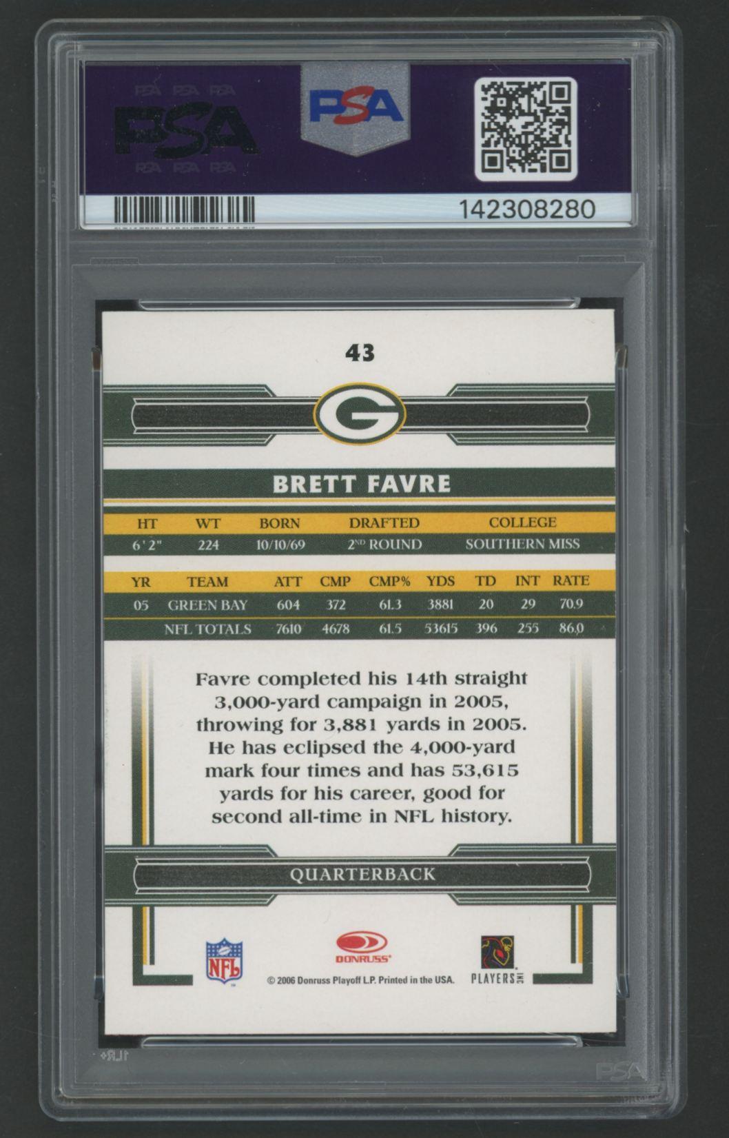 Brett Favre 2006 Donruss Threads #43 (PSA 10) at PristineAuction.com Brett Favre 2006 Donruss Threads #43 (PSA 10) at PristineAuction.com