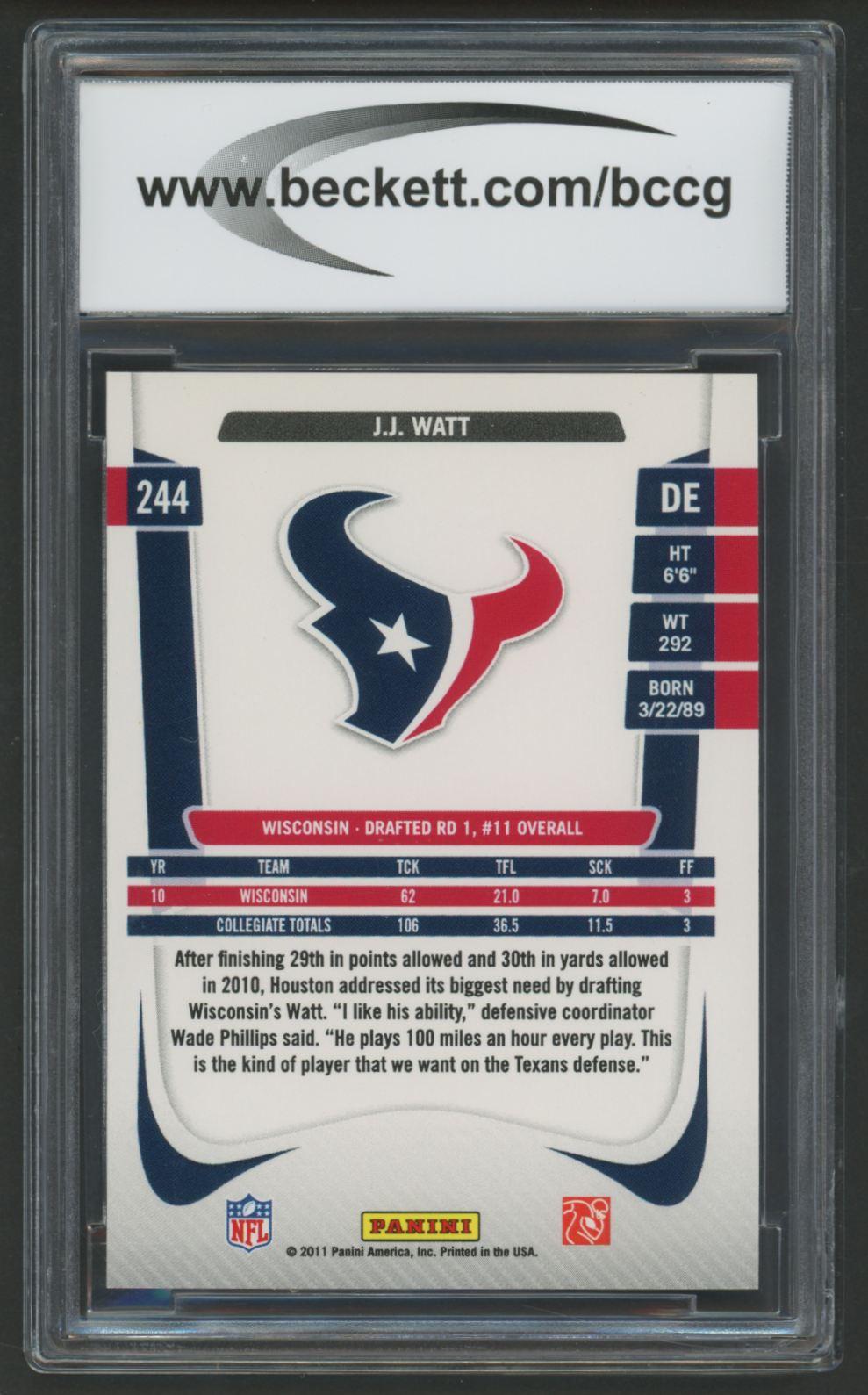 J.J. Watt 2011 Prestige #244B RC / Draft SP (BCCG 10) at PristineAuction.com J.J. Watt 2011 Prestige #244B RC / Draft SP (BCCG 10) at PristineAuction.com