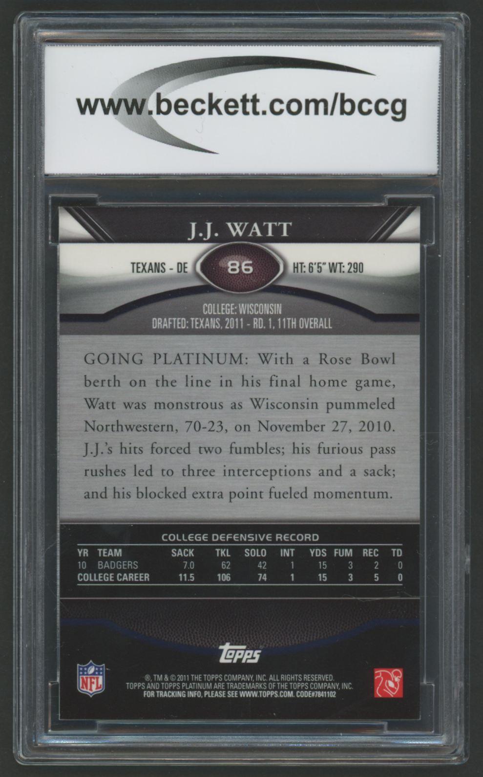 J.J. Watt 2011 Topps Platinum Green Refractors #86 #288/499 (BCCG 10) at PristineAuction.com J.J. Watt 2011 Topps Platinum Green Refractors #86 #288/499 (BCCG 10) at PristineAuction.com