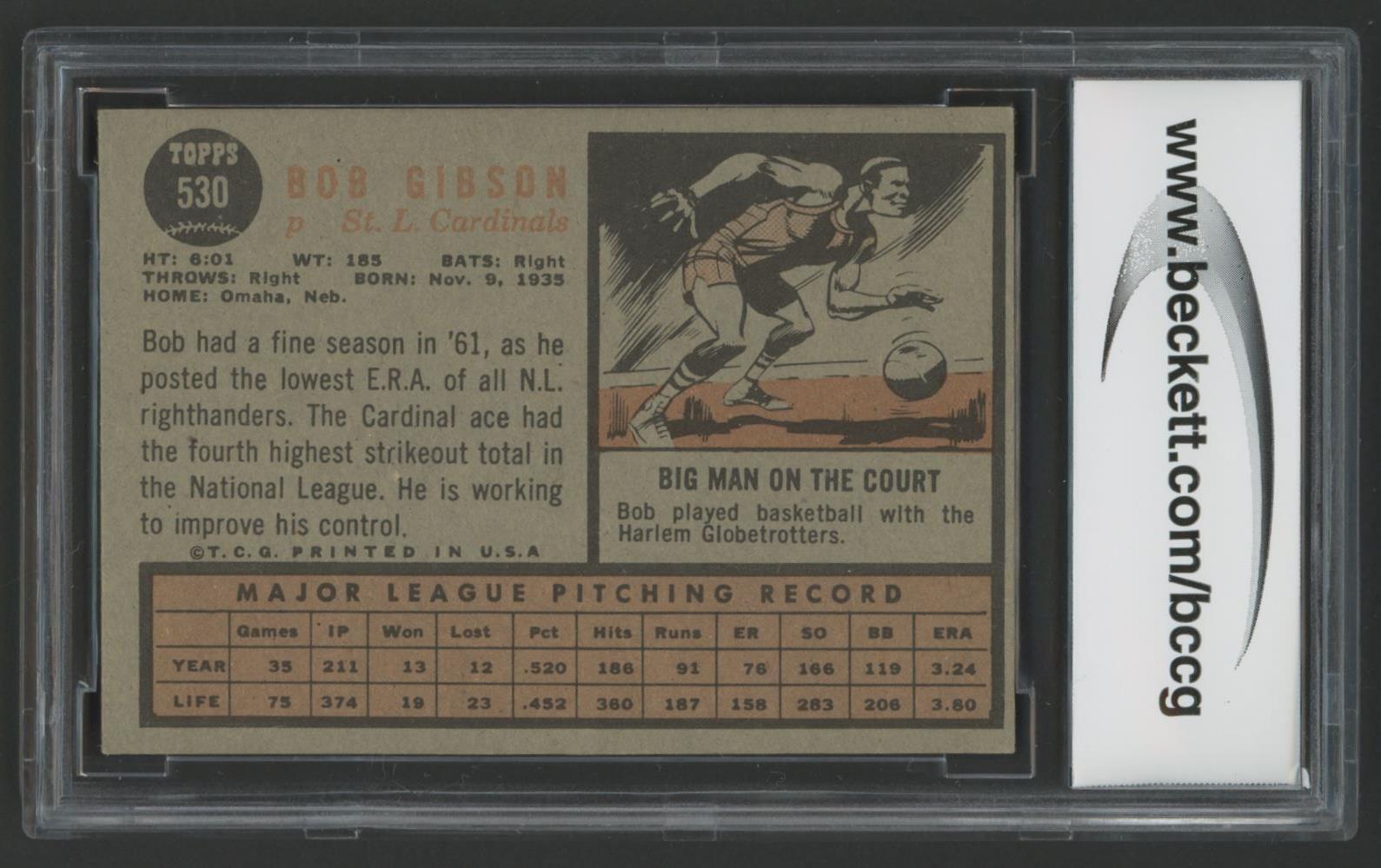 Bob Gibson 1962 Topps #530 SP (BCCG 8) at PristineAuction.com Bob Gibson 1962 Topps #530 SP (BCCG 8) at PristineAuction.com