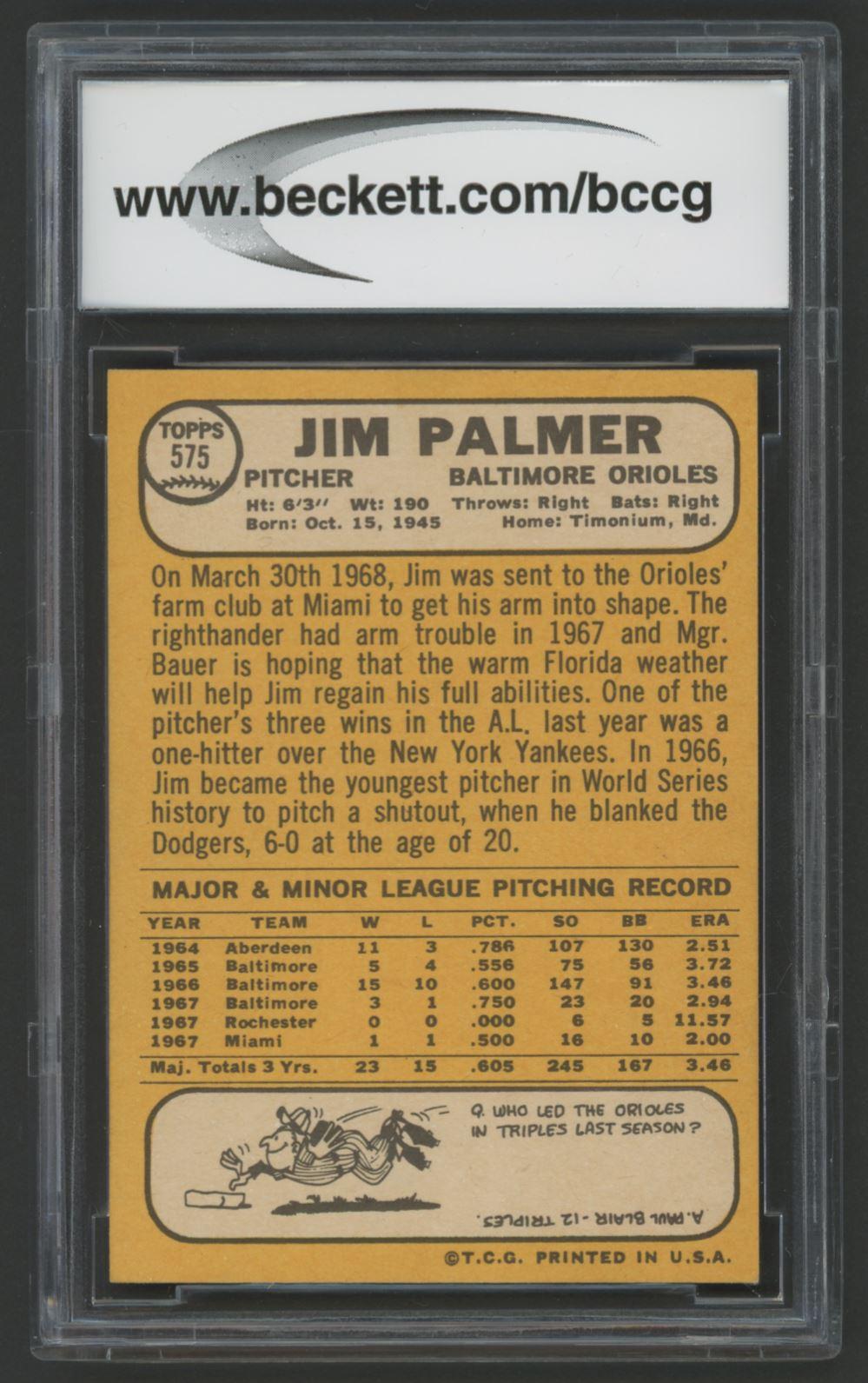 Jim Palmer 1968 Topps #575 (BCCG 9) at PristineAuction.com Jim Palmer 1968 Topps #575 (BCCG 9) at PristineAuction.com