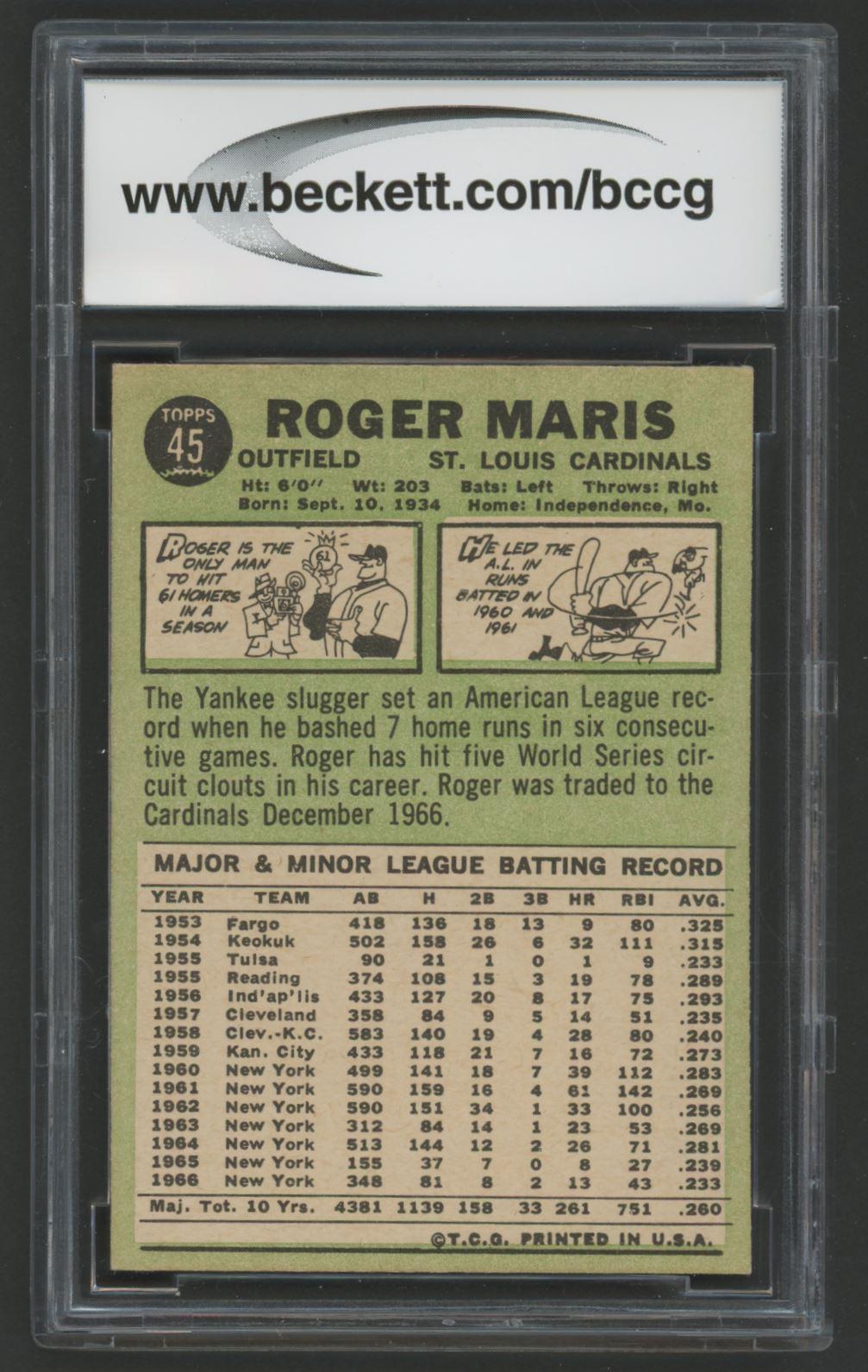 Roger Maris 1967 Topps #45 (BCCG 9) at PristineAuction.com Roger Maris 1967 Topps #45 (BCCG 9) at PristineAuction.com