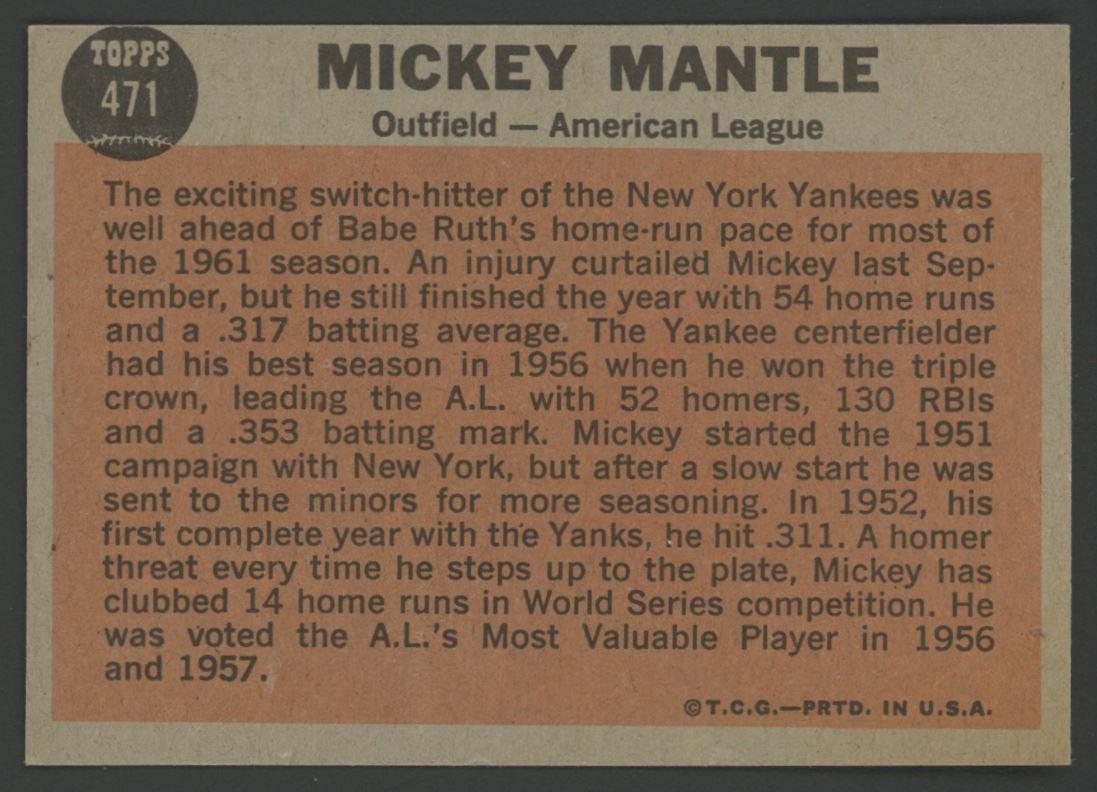 Mickey Mantle 1962 Topps #471 AS at PristineAuction.com Mickey Mantle 1962 Topps #471 AS at PristineAuction.com