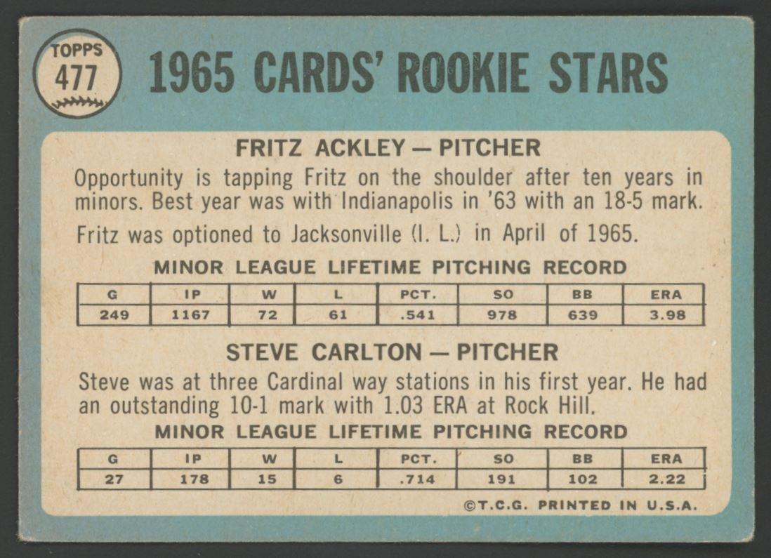 Fritz Ackley / Steve Carlton 1965 Topps #477 Rookie Stars RC at PristineAuction.com Fritz Ackley / Steve Carlton 1965 Topps #477 Rookie Stars RC at PristineAuction.com