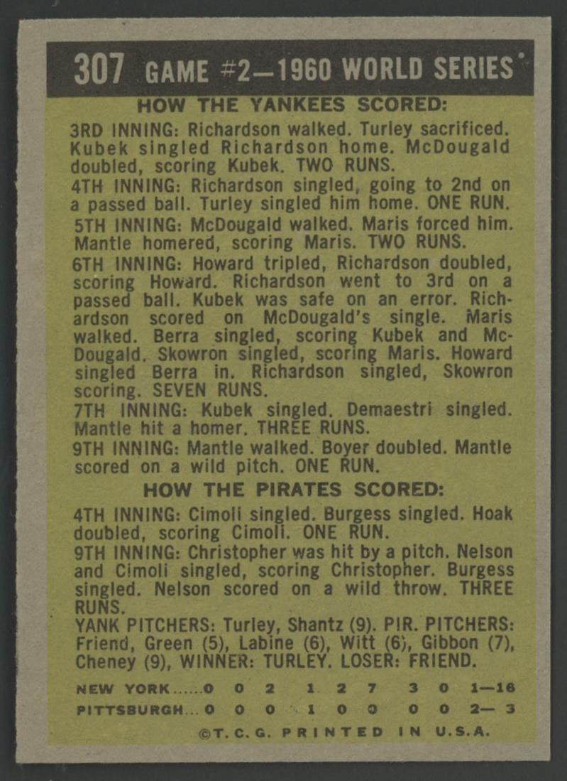 Mickey Mantle 1961 Topps #307 World Series Game 2 at PristineAuction.com Mickey Mantle 1961 Topps #307 World Series Game 2 at PristineAuction.com
