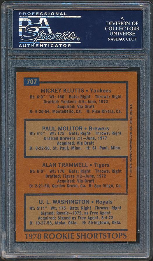 Paul Molitor Signed Mickey Klutts / Paul Molitor RC / Alan Trammell RC / U.L. Washington RC 1978 Topps / Rookie Shortstops #707 (PSA 5) at PristineAuction.com Paul Molitor Signed Mickey Klutts / Paul Molitor RC / Alan Trammell RC / U.L. Washington RC 1978 Topps / Rookie Shortstops #707 (PSA 5) at PristineAuction.com