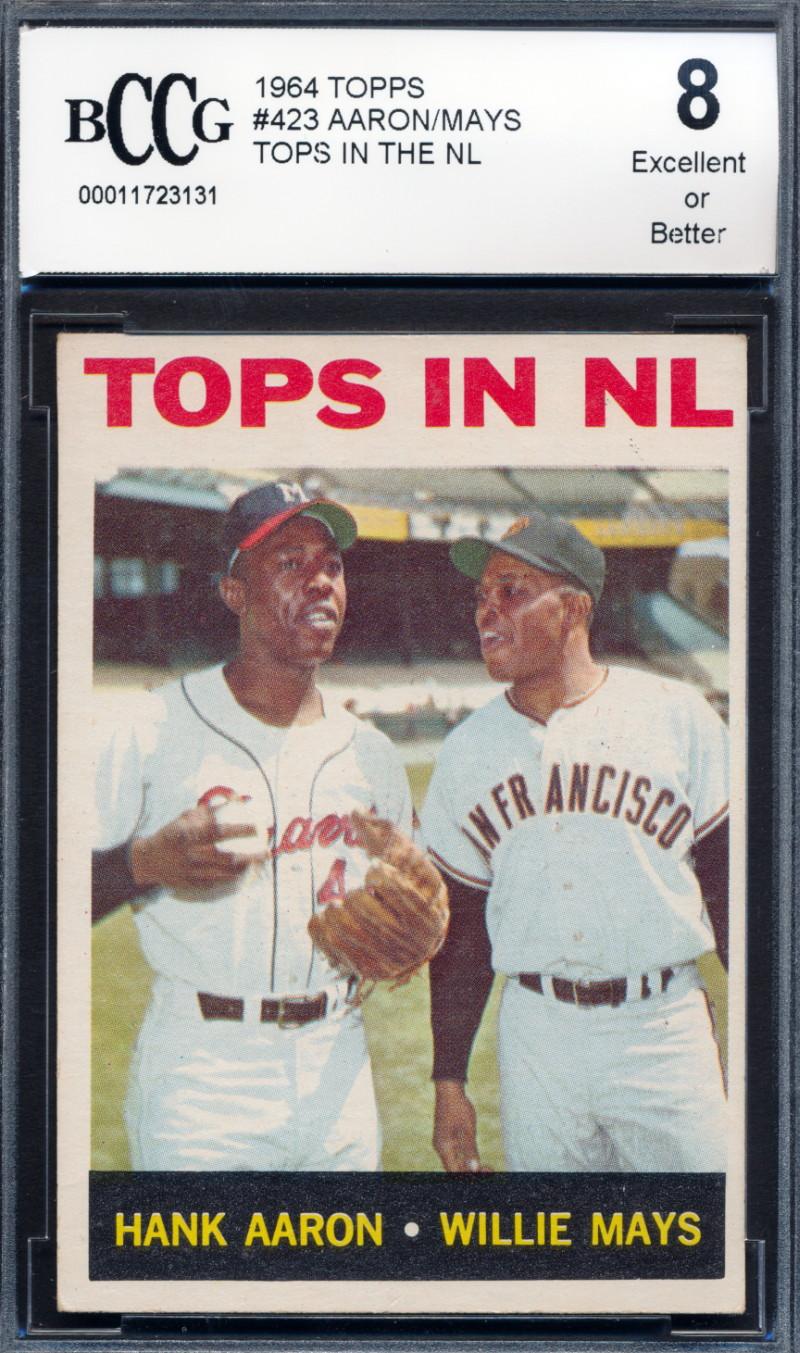 Willie Mays / Hank Aaron 1964 Topps / Tops in NL #423 (BCCG 8) at PristineAuction.com Willie Mays / Hank Aaron 1964 Topps / Tops in NL #423 (BCCG 8) at PristineAuction.com