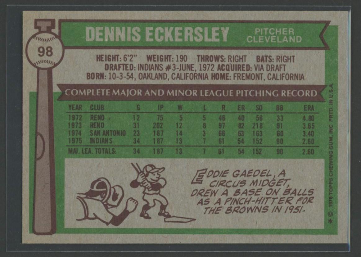 Dennis Eckersley 1976 Topps #98 RC at PristineAuction.com Dennis Eckersley 1976 Topps #98 RC at PristineAuction.com