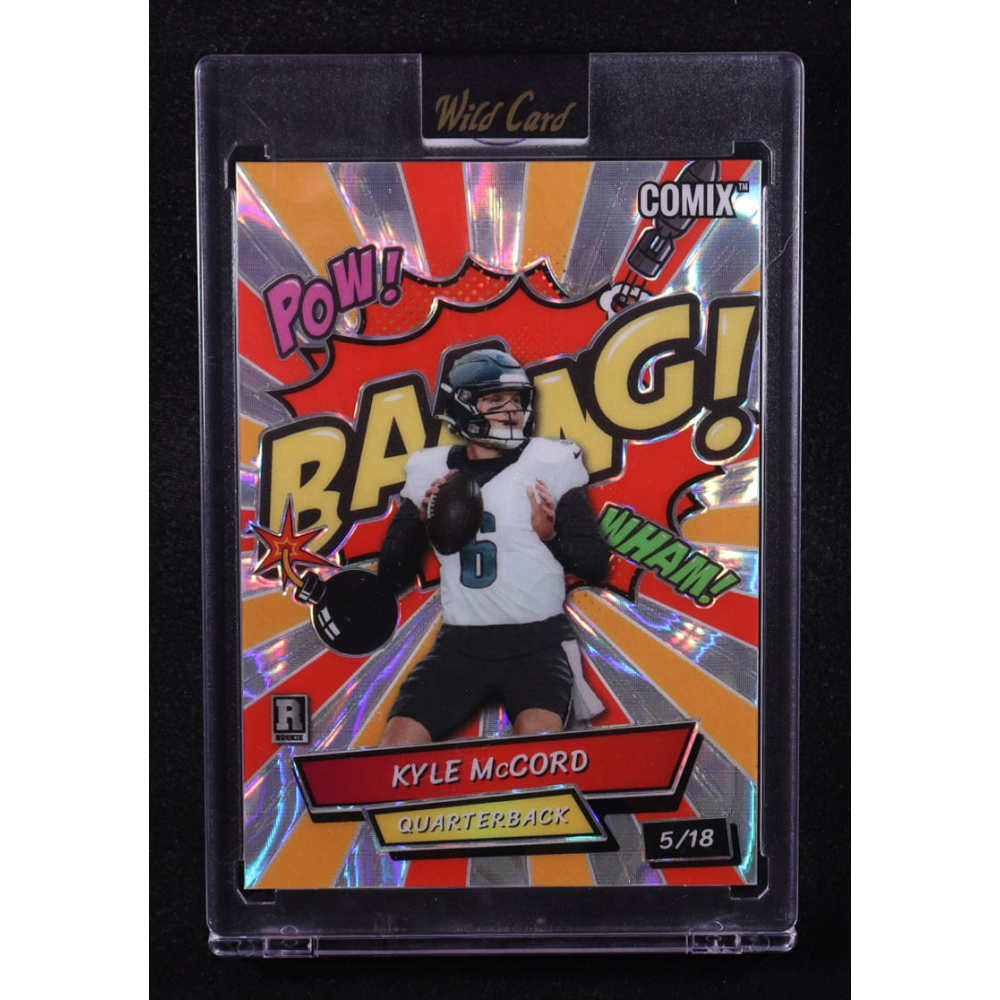Kyle McCord 2025 Wild Card Comix Baang! Yellow Orange Lava #KM RC #5/18 at PristineAuction.com
