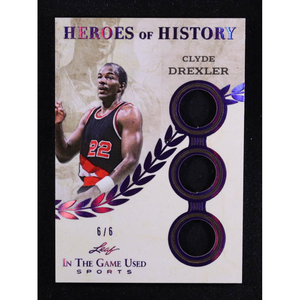 Clyde Drexler 2025 Leaf ITG Used Sports Heroes Of History Triple Relic Purple #HH16 #6/6 at PristineAuction.com