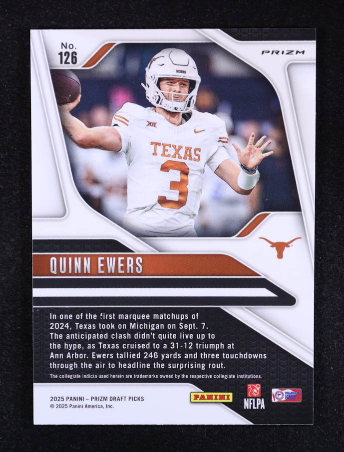 Quinn Ewers 2025 Panini Prizm Draft Picks Prizms Purple Wave #126 RC at PristineAuction.com Quinn Ewers 2025 Panini Prizm Draft Picks Prizms Purple Wave #126 RC at PristineAuction.com