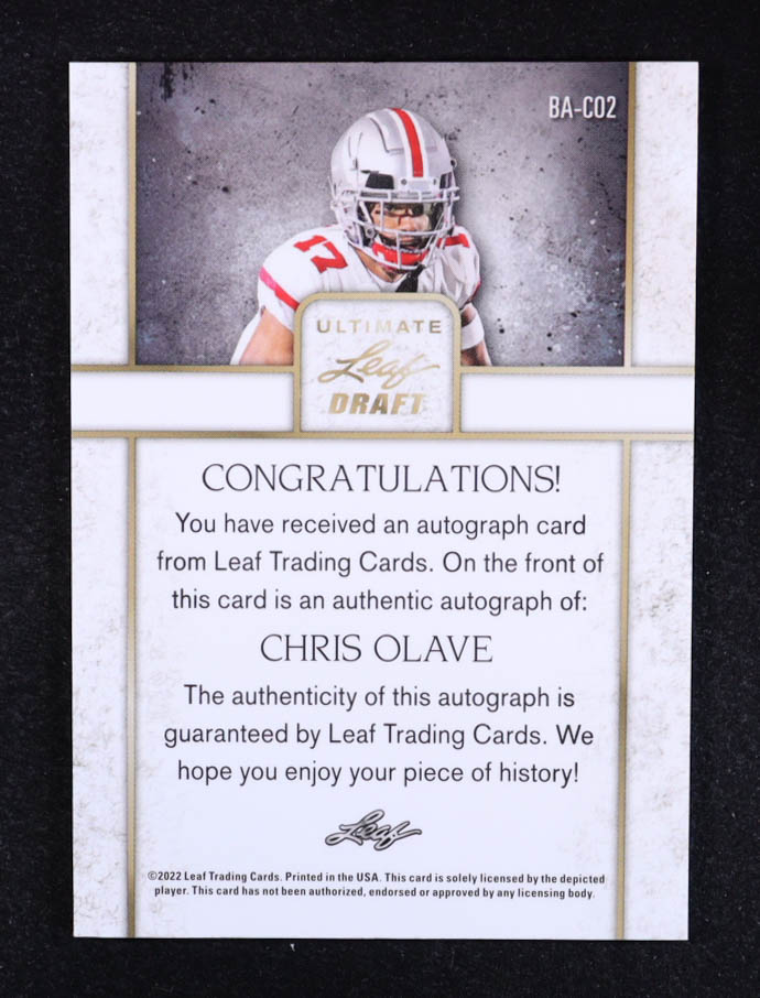 Chris Olave 2022 Leaf Ultimate Draft Autographs #BACO2 RC at PristineAuction.com Chris Olave 2022 Leaf Ultimate Draft Autographs #BACO2 RC at PristineAuction.com