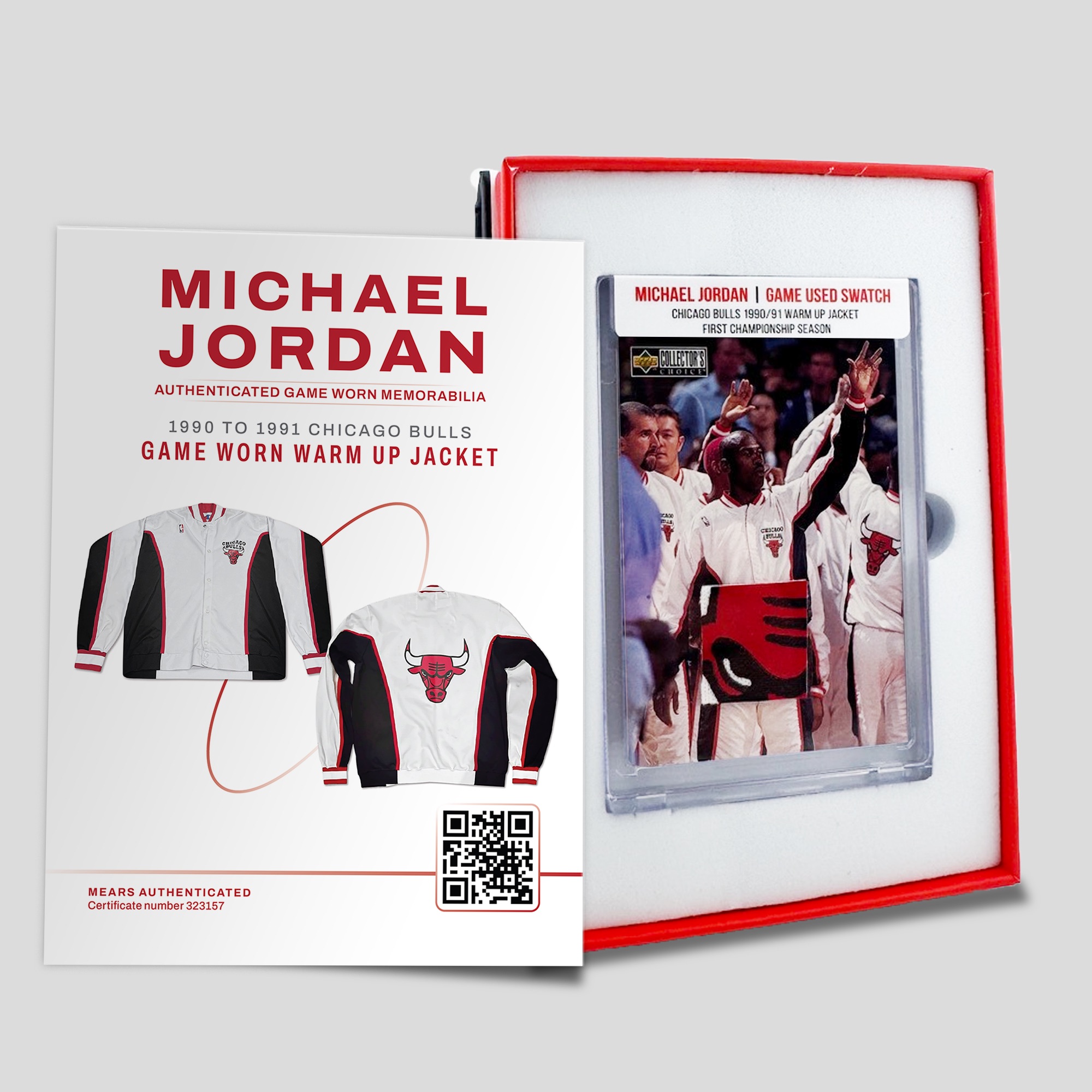 Michael Jordan 1990-91 Chicago Bulls Championship Game Worn Jacket Swatch Mystery Box - Series 1 at PristineAuction.com Michael Jordan 1990-91 Chicago Bulls Championship Game Worn Jacket Swatch Mystery Box - Series 1 at PristineAuction.com
