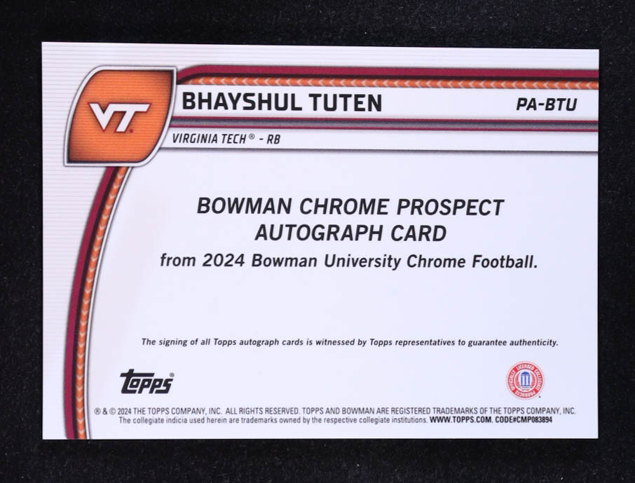 Bhayshul Tuten 2024 Bowman Chrome University Prospect Autographs #PABTU RC at PristineAuction.com Bhayshul Tuten 2024 Bowman Chrome University Prospect Autographs #PABTU RC at PristineAuction.com