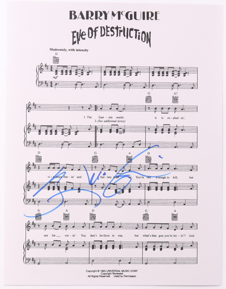 Barry McGuire Signed "Eve of Destruction" Sheet Music (JSA) at PristineAuction.com Barry McGuire Signed "Eve of Destruction" Sheet Music (JSA) at PristineAuction.com