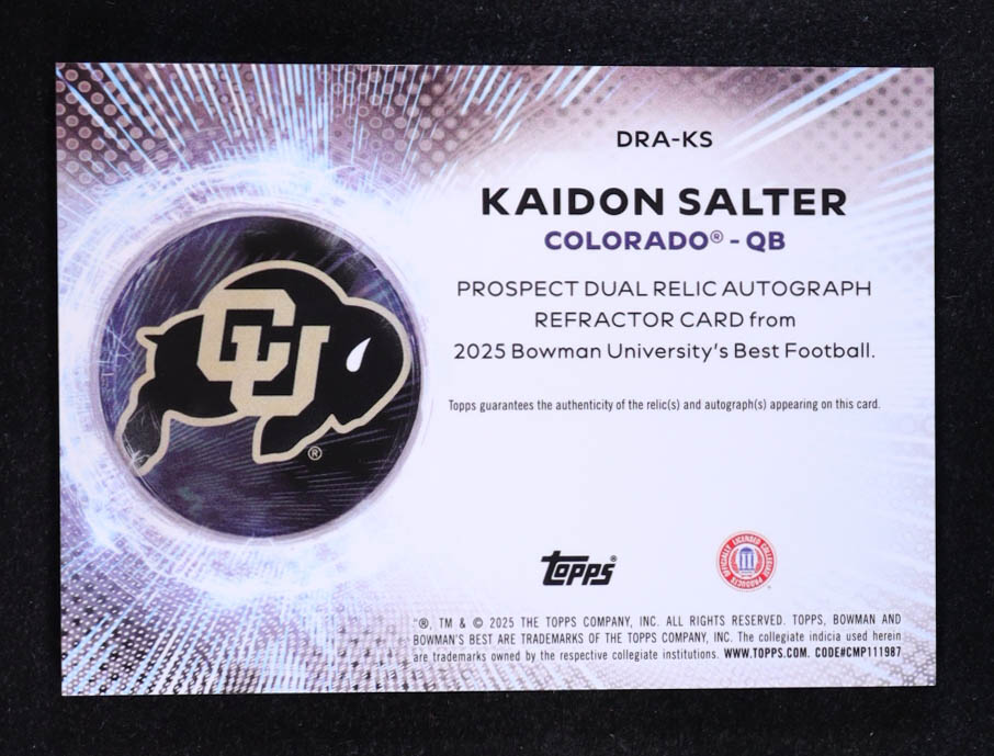 Kaidon Salter 2025 Bowman's Best University Dual Relic Autographs #DRAKS at PristineAuction.com Kaidon Salter 2025 Bowman's Best University Dual Relic Autographs #DRAKS at PristineAuction.com