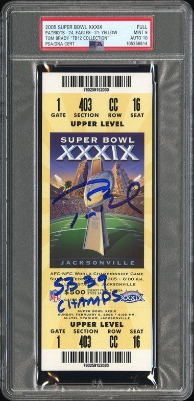 Tom Brady Signed 2005 Super Bowl XXXIX Full Ticket Inscribed "SB 39 Champs" (PSA 9 | Auto 10) at PristineAuction.com Tom Brady Signed 2005 Super Bowl XXXIX Full Ticket Inscribed "SB 39 Champs" (PSA 9 | Auto 10) at PristineAuction.com