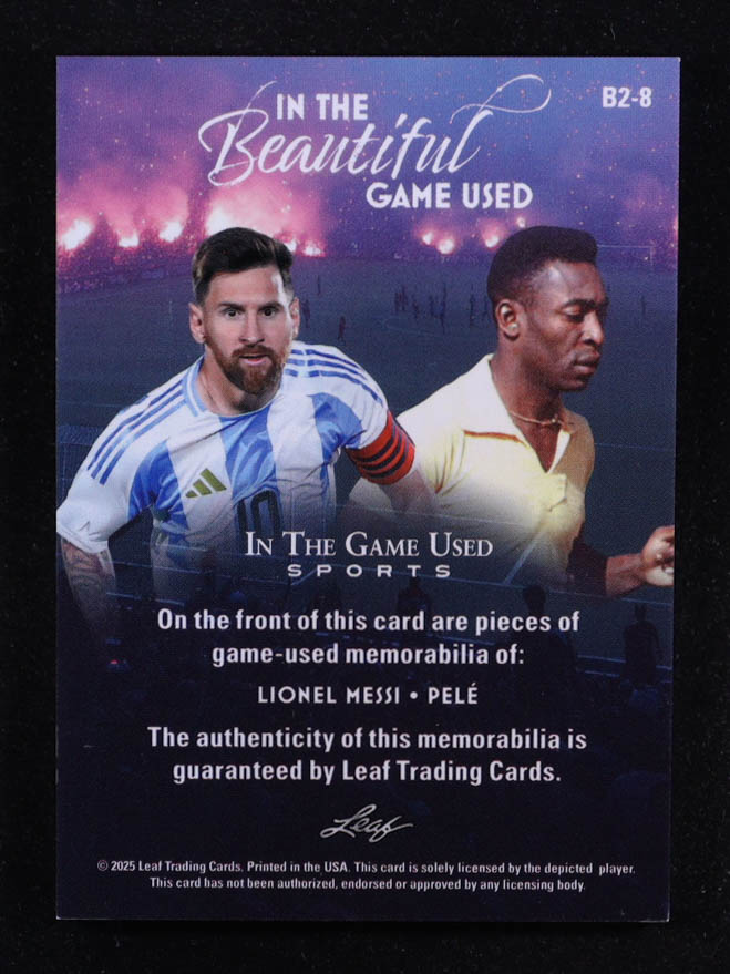 Lionel Messi / Pele 2025 Leaf ITG Used Sports In The Beautiful Game Used Relics Blue #B28 #38/45 at PristineAuction.com Lionel Messi / Pele 2025 Leaf ITG Used Sports In The Beautiful Game Used Relics Blue #B28 #38/45 at PristineAuction.com