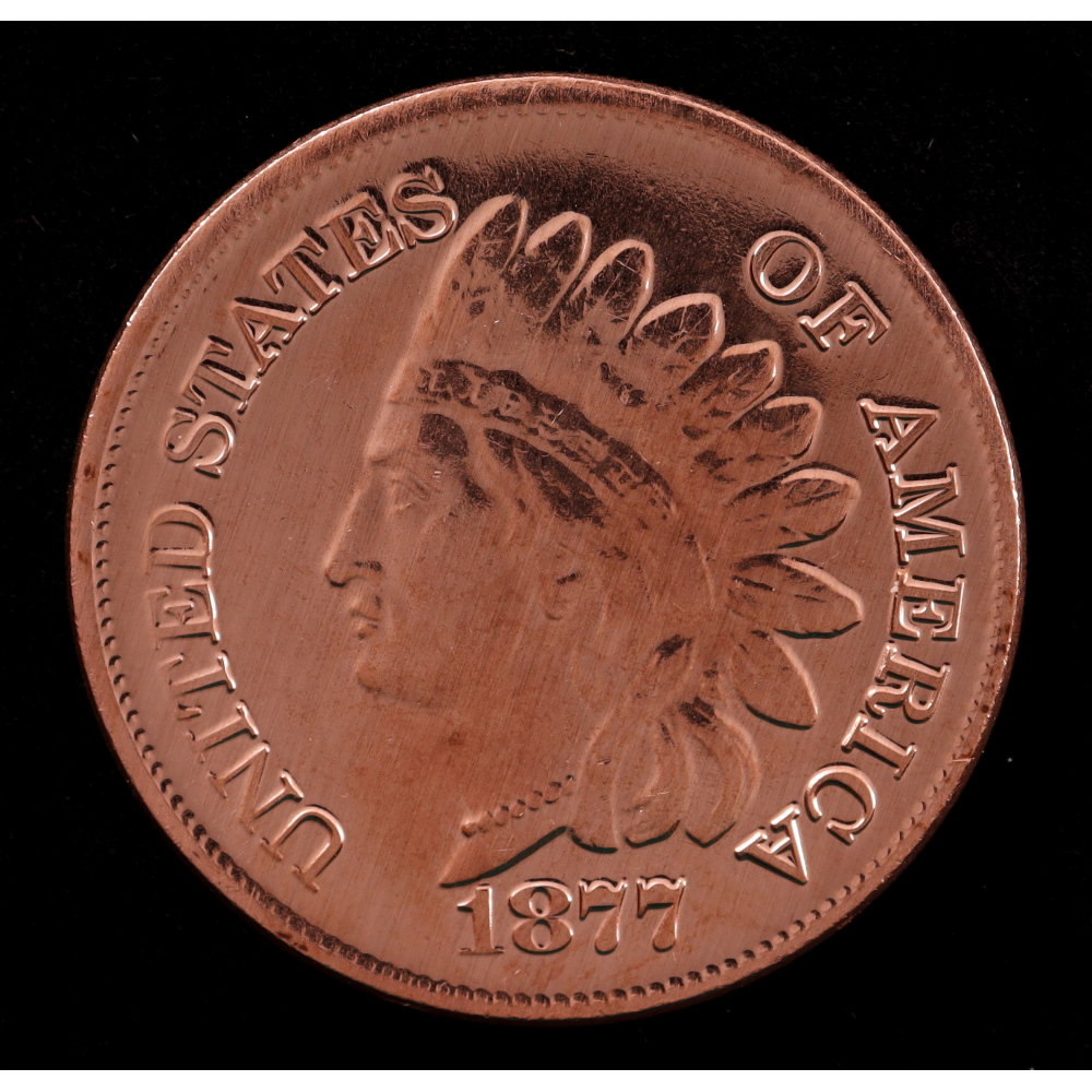 "1877 U.S. Indian Head Penny" - 1 Ounce .999 Fine Copper Bullion Round at PristineAuction.com