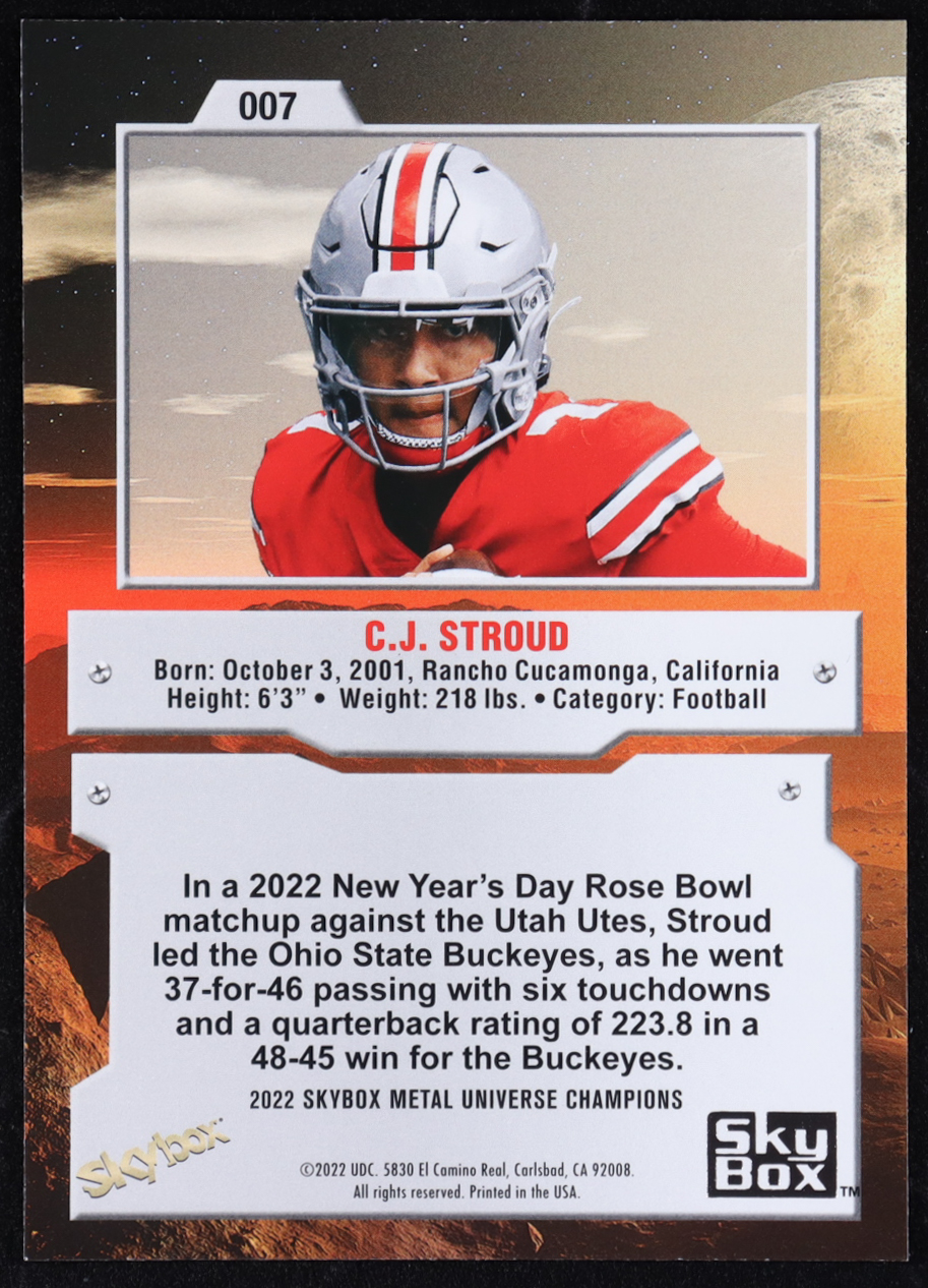 C.J. Stroud 2022 Skybox Metal Universe Champions #7 RC at PristineAuction.com C.J. Stroud 2022 Skybox Metal Universe Champions #7 RC at PristineAuction.com