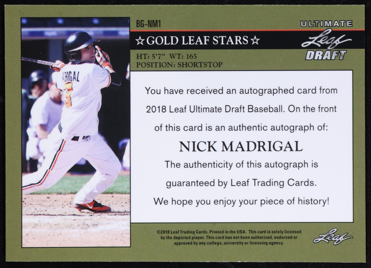 Nick Madrigal 2018 Leaf Ultimate Draft Gold Leaf Stars Signatures #BGNM1 RC at PristineAuction.com Nick Madrigal 2018 Leaf Ultimate Draft Gold Leaf Stars Signatures #BGNM1 RC at PristineAuction.com