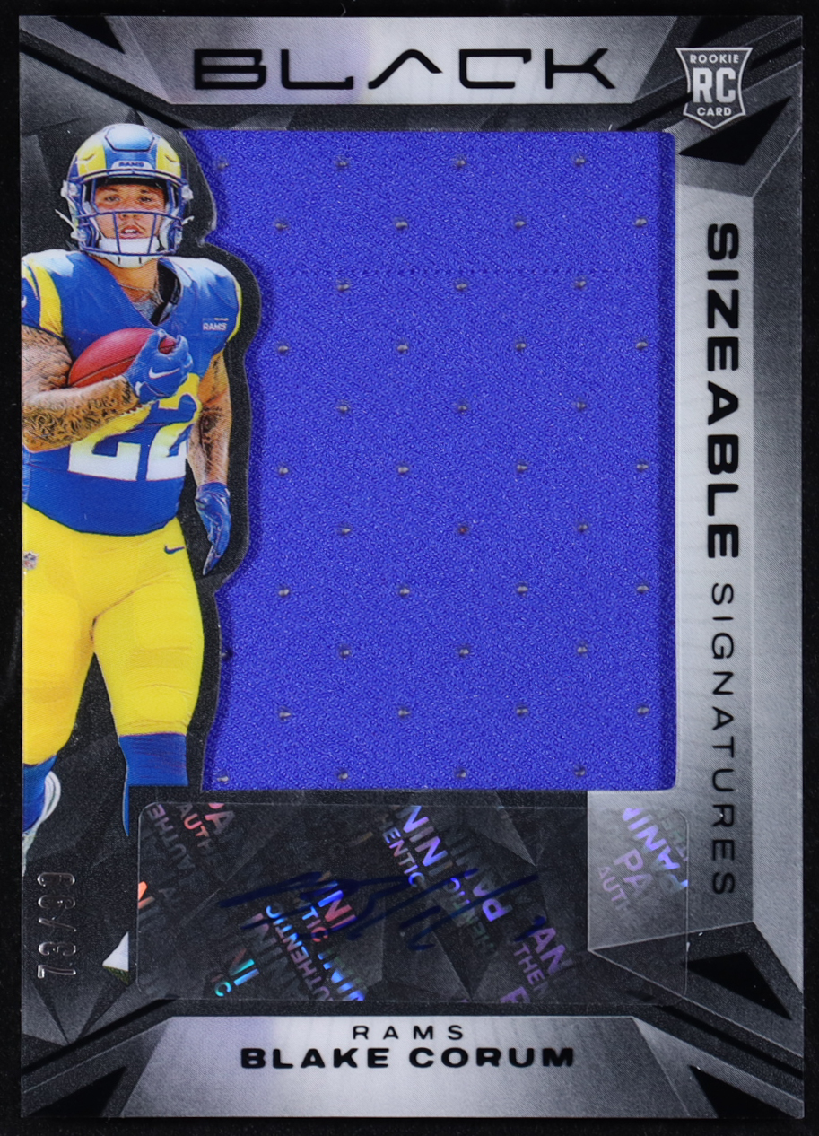 Blake Corum 2024 Panini Black Sizeable RookIe Jersey Signatures #19 #73/99 RC at PristineAuction.com Blake Corum 2024 Panini Black Sizeable RookIe Jersey Signatures #19 #73/99 RC at PristineAuction.com