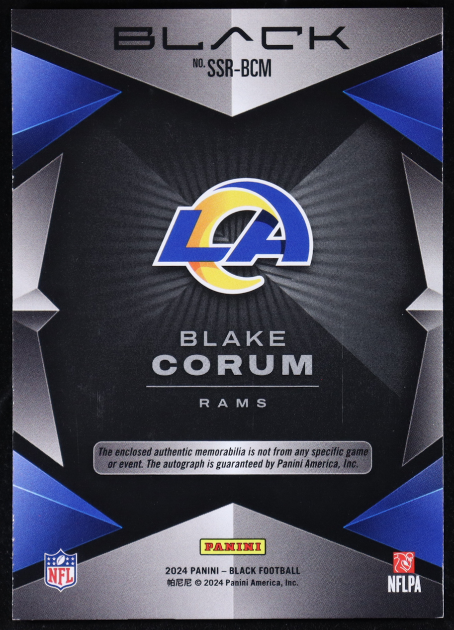 Blake Corum 2024 Panini Black Sizeable RookIe Jersey Signatures #19 #73/99 RC at PristineAuction.com Blake Corum 2024 Panini Black Sizeable RookIe Jersey Signatures #19 #73/99 RC at PristineAuction.com