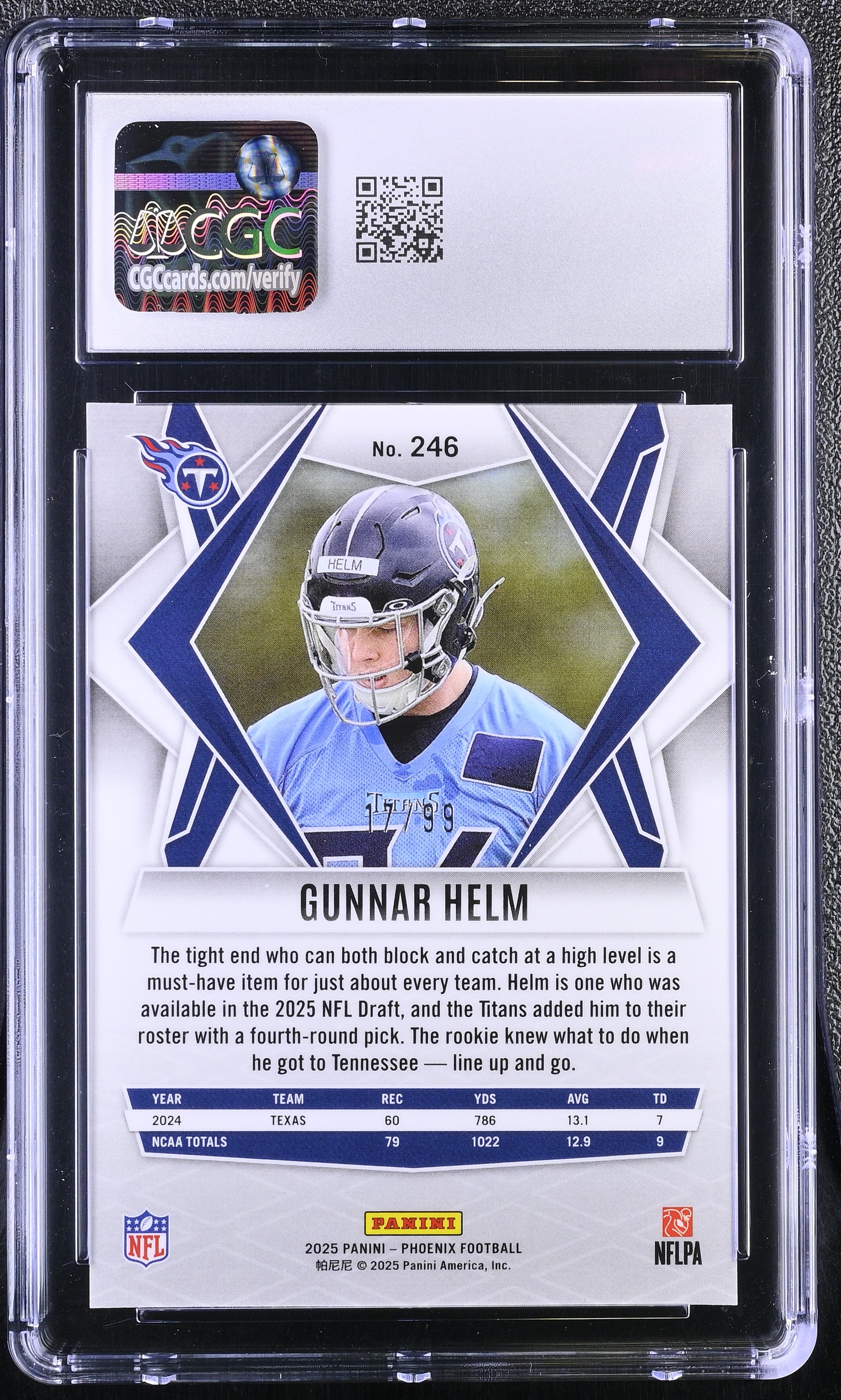 Gunnar Helm 2025 Panini Phoenix Red Seismic #246 RC #17/99 (CGC 8) at PristineAuction.com Gunnar Helm 2025 Panini Phoenix Red Seismic #246 RC #17/99 (CGC 8) at PristineAuction.com