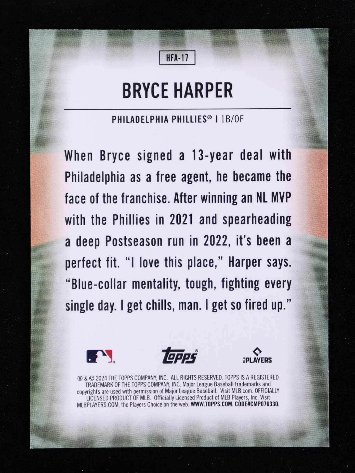 Bryce Harper 2024 Topps Home Field Advantage #HFA17 at PristineAuction.com Bryce Harper 2024 Topps Home Field Advantage #HFA17 at PristineAuction.com