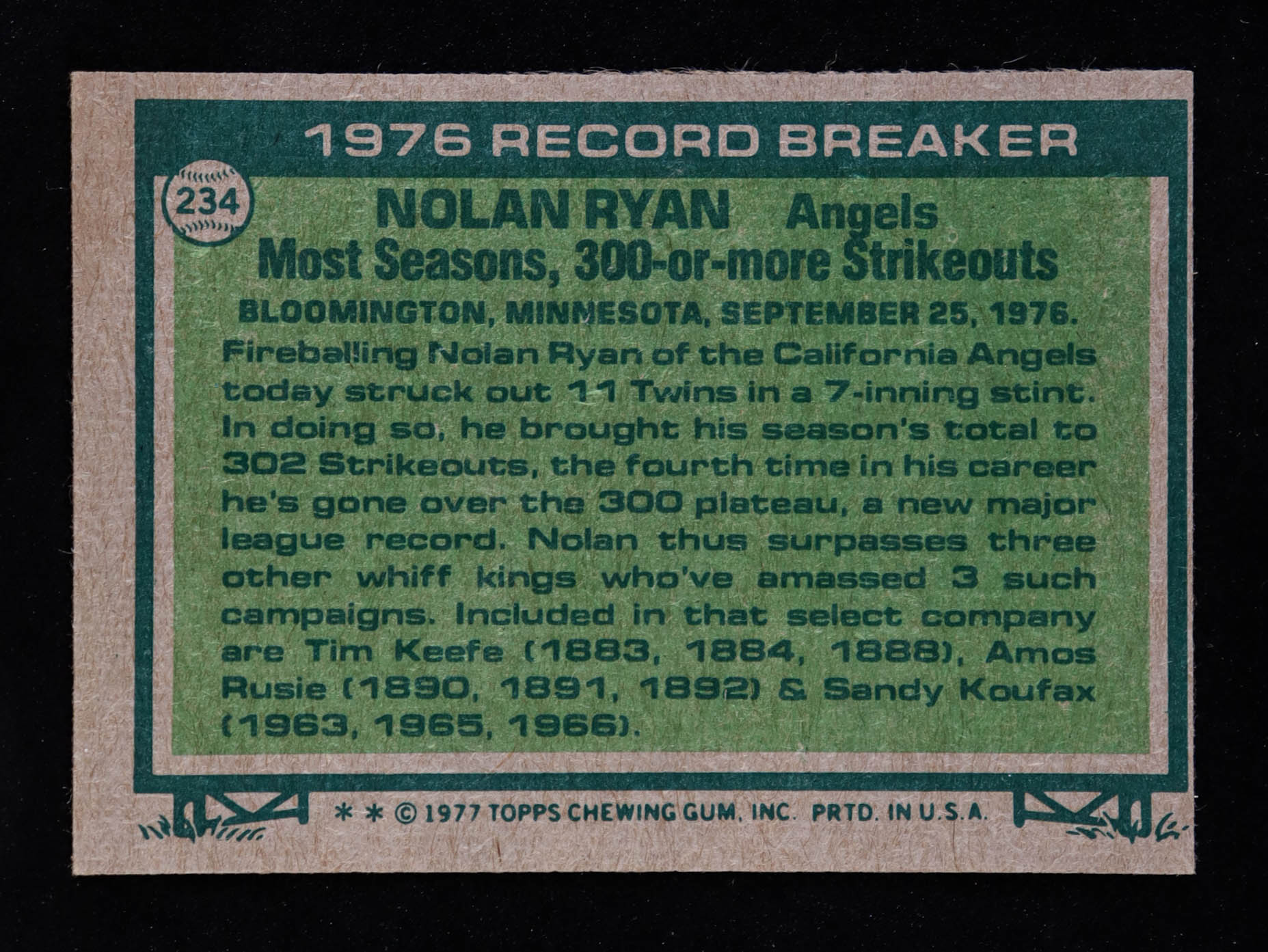 Nolan Ryan 1977 Topps #234 RB at PristineAuction.com Nolan Ryan 1977 Topps #234 RB at PristineAuction.com