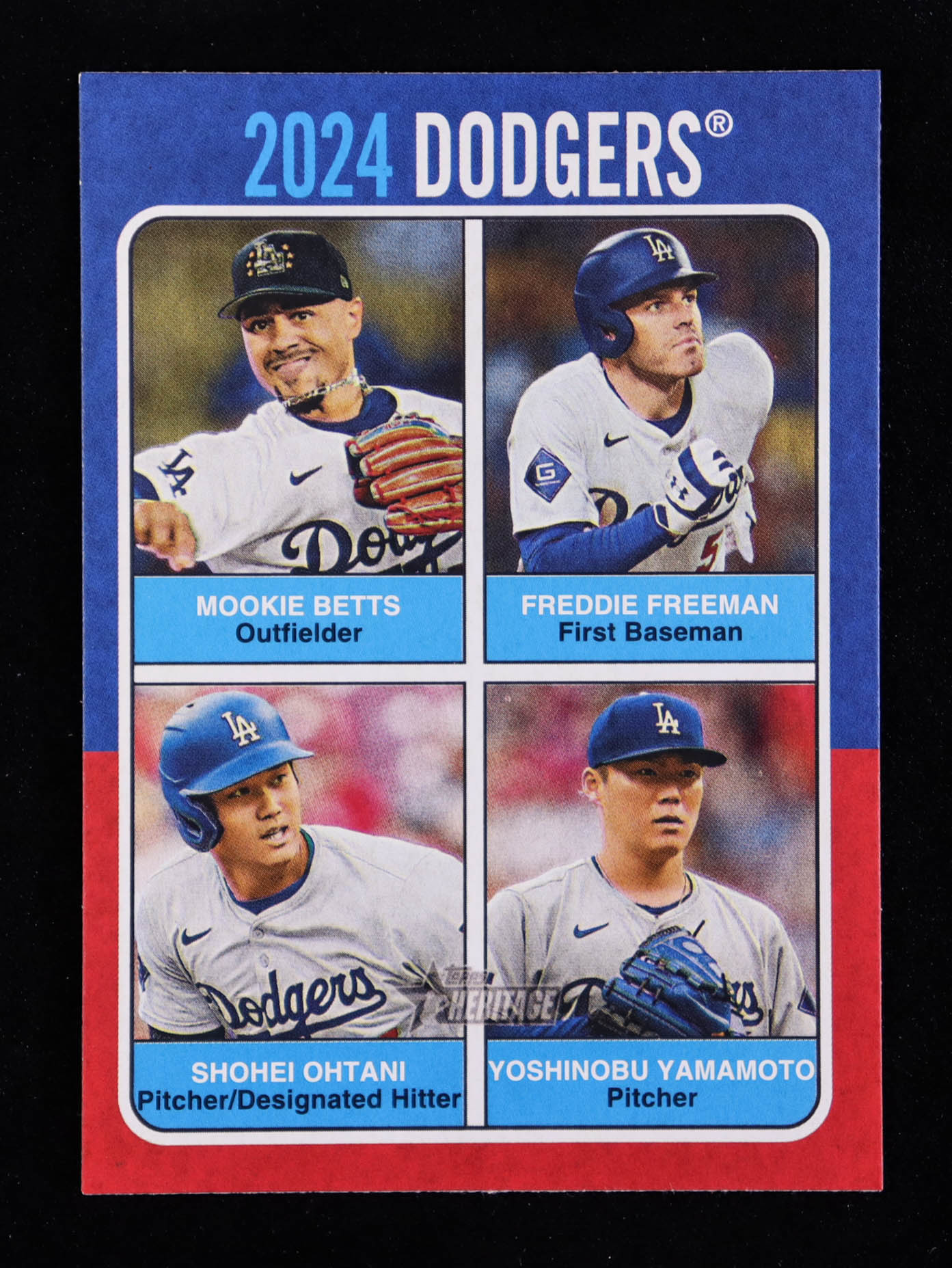 Yoshinobu Yamamoto / Shohei Ohtani / Freddie Freeman / Mookie Betts 2024 Topps Heritage '75 Topps Team Quads #75TQ5 at PristineAuction.com Yoshinobu Yamamoto / Shohei Ohtani / Freddie Freeman / Mookie Betts 2024 Topps Heritage '75 Topps Team Quads #75TQ5 at PristineAuction.com