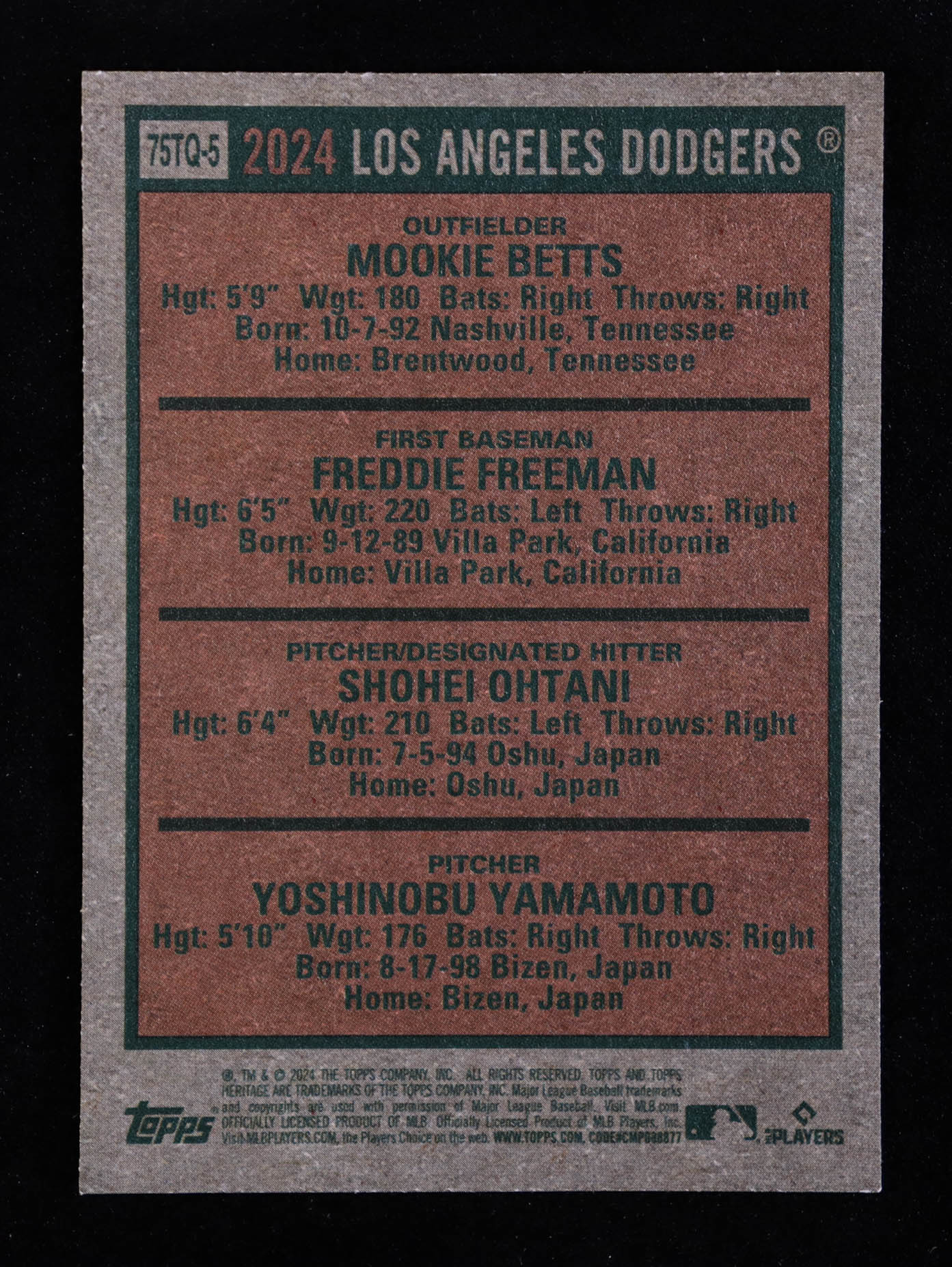Yoshinobu Yamamoto / Shohei Ohtani / Freddie Freeman / Mookie Betts 2024 Topps Heritage '75 Topps Team Quads #75TQ5 at PristineAuction.com Yoshinobu Yamamoto / Shohei Ohtani / Freddie Freeman / Mookie Betts 2024 Topps Heritage '75 Topps Team Quads #75TQ5 at PristineAuction.com
