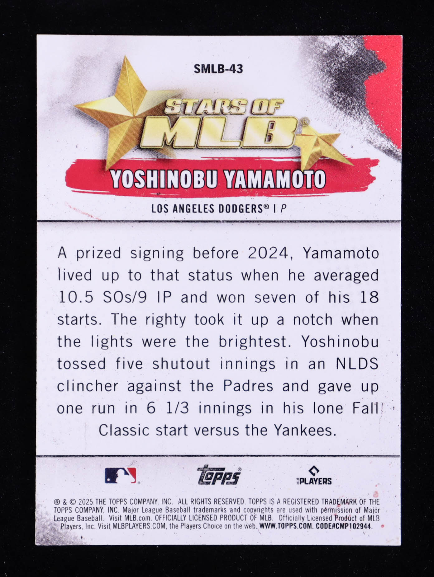 Yoshinobu Yamamoto 2025 Topps Stars Of MLB #SMLB43 at PristineAuction.com Yoshinobu Yamamoto 2025 Topps Stars Of MLB #SMLB43 at PristineAuction.com