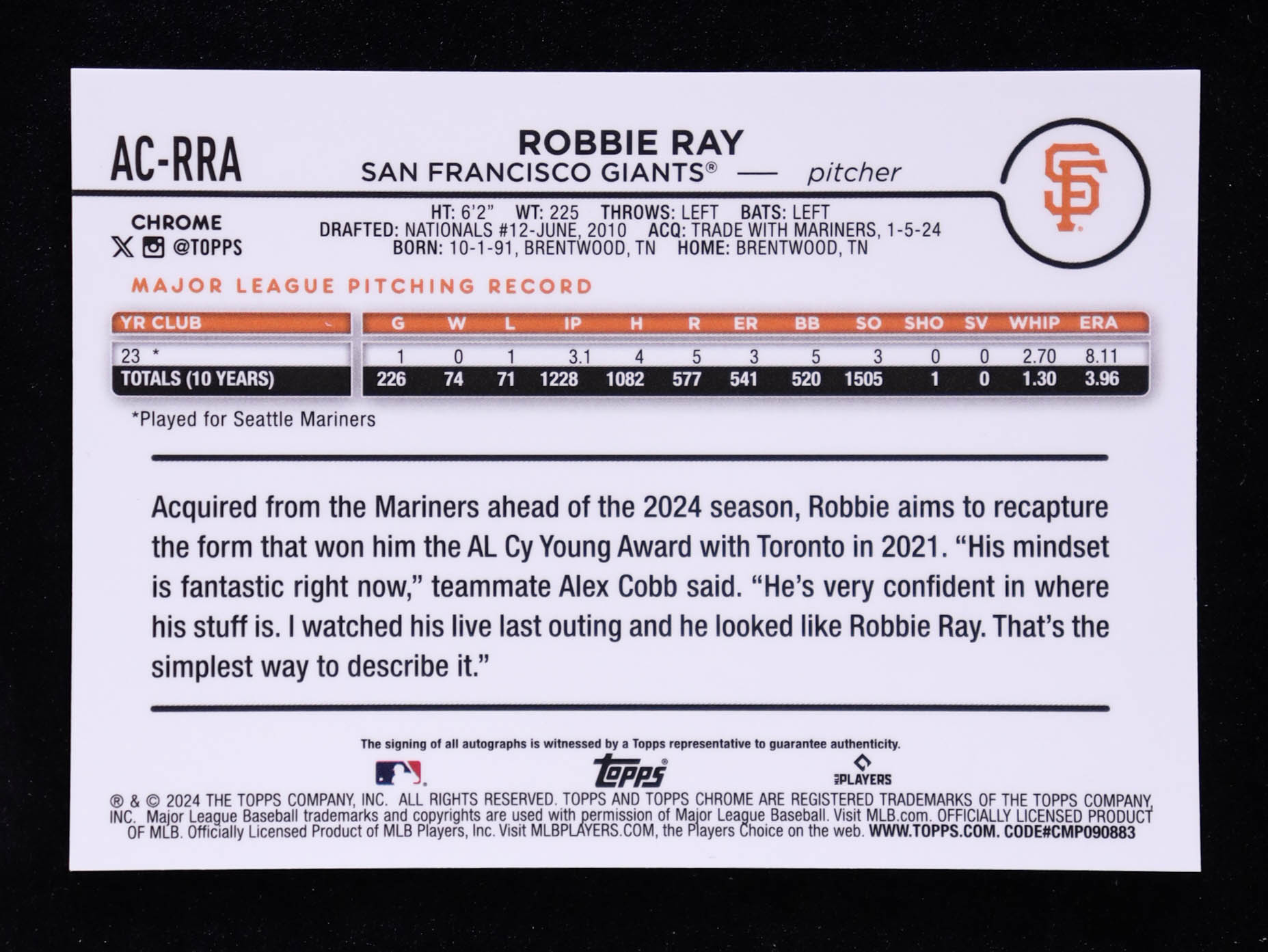 Robbie Ray 2024 Topps Chrome Update Autographs Purple Refractors #ACRRA #145/250 at PristineAuction.com Robbie Ray 2024 Topps Chrome Update Autographs Purple Refractors #ACRRA #145/250 at PristineAuction.com