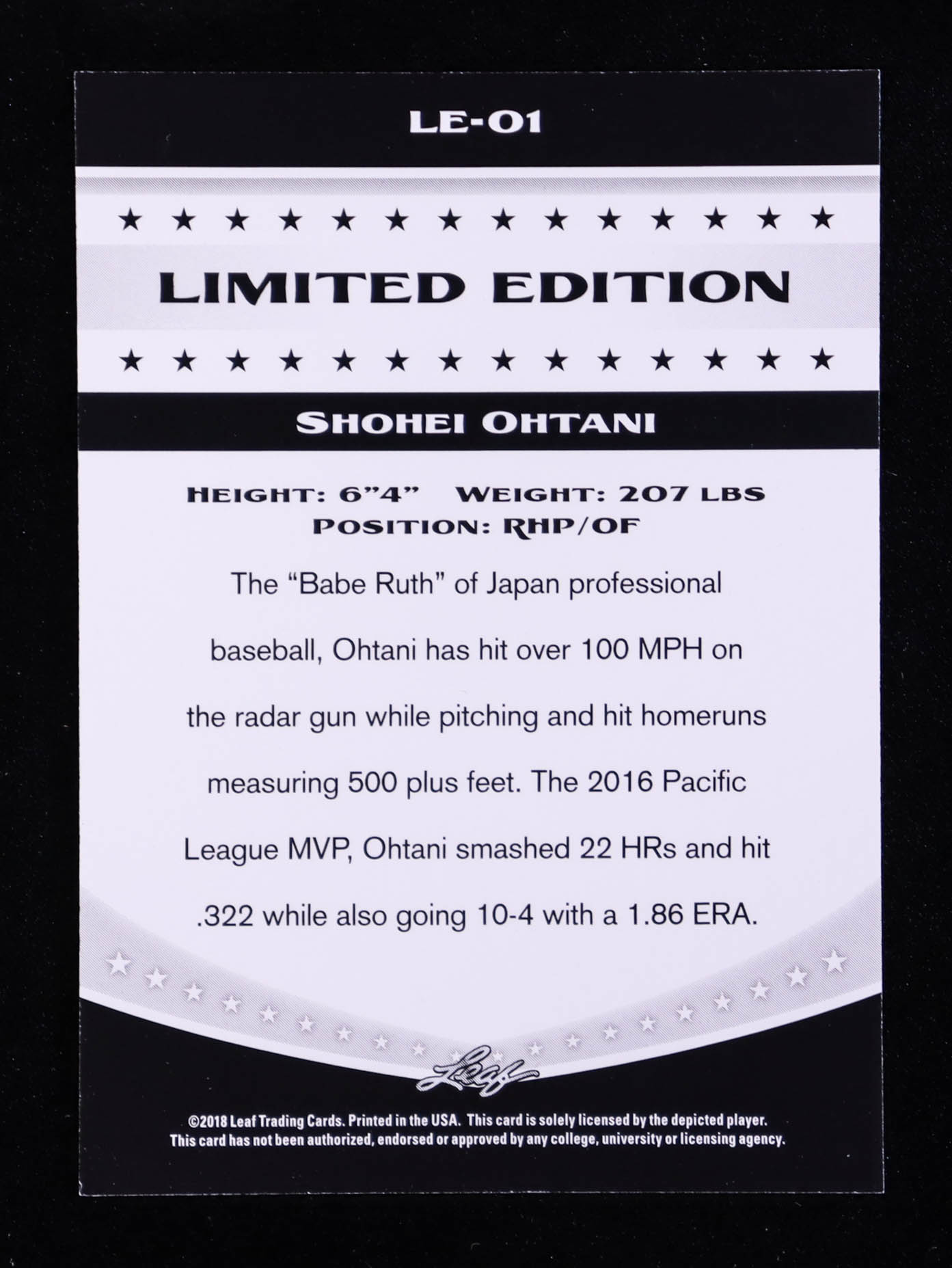 Shohei Ohtani 2018 Leaf Ohtani Limited Edition #LE01 RC at PristineAuction.com Shohei Ohtani 2018 Leaf Ohtani Limited Edition #LE01 RC at PristineAuction.com