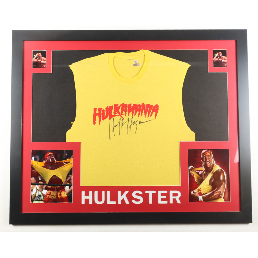 Hulk Hogan Signed Hulkamania Custom Framed T-Shirt Display with (4) Photos (PSA & PIA) at PristineAuction.com