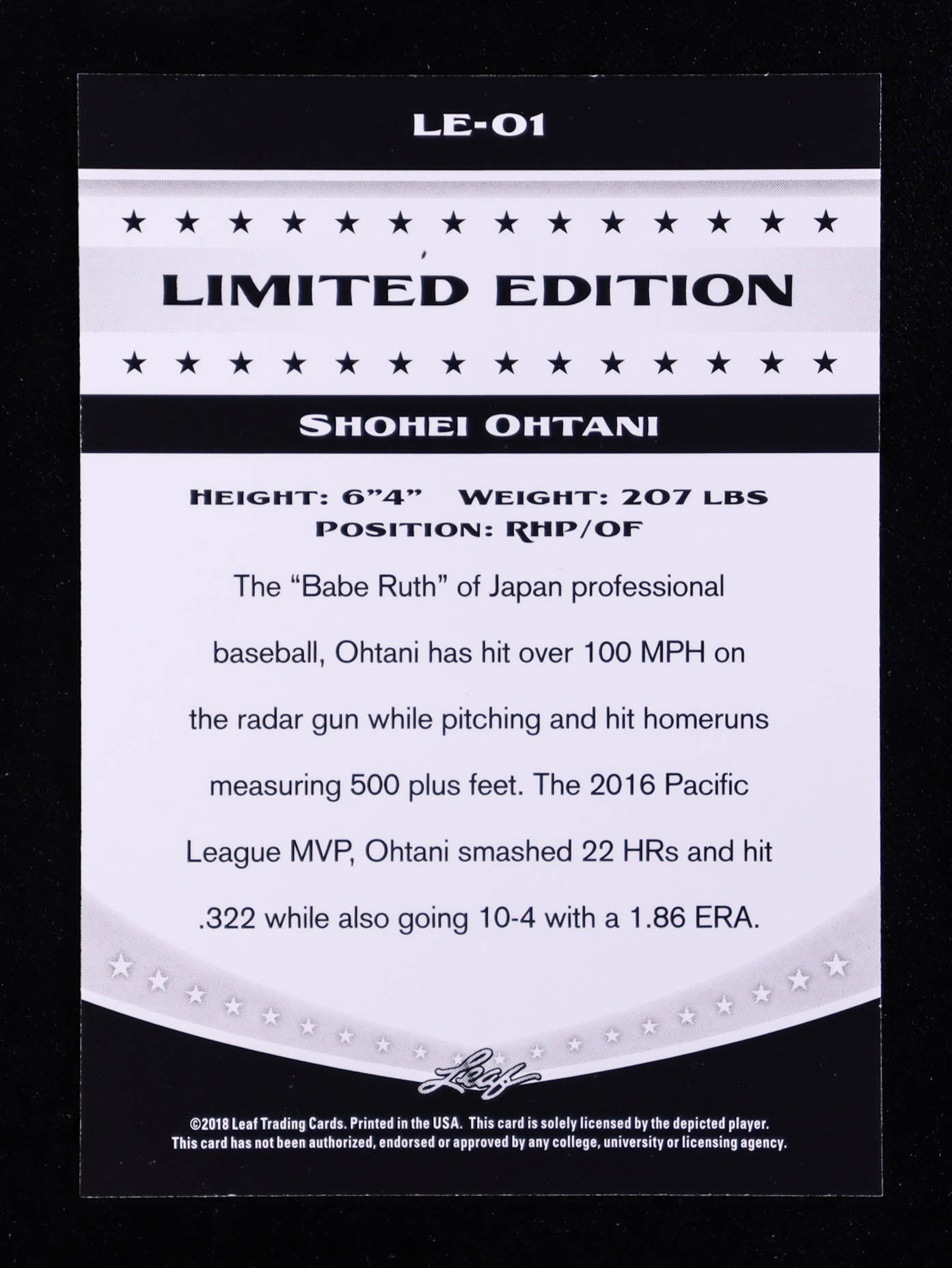 Shohei Ohtani 2018 Leaf Ohtani Limited Edition #LE01 RC at PristineAuction.com Shohei Ohtani 2018 Leaf Ohtani Limited Edition #LE01 RC at PristineAuction.com