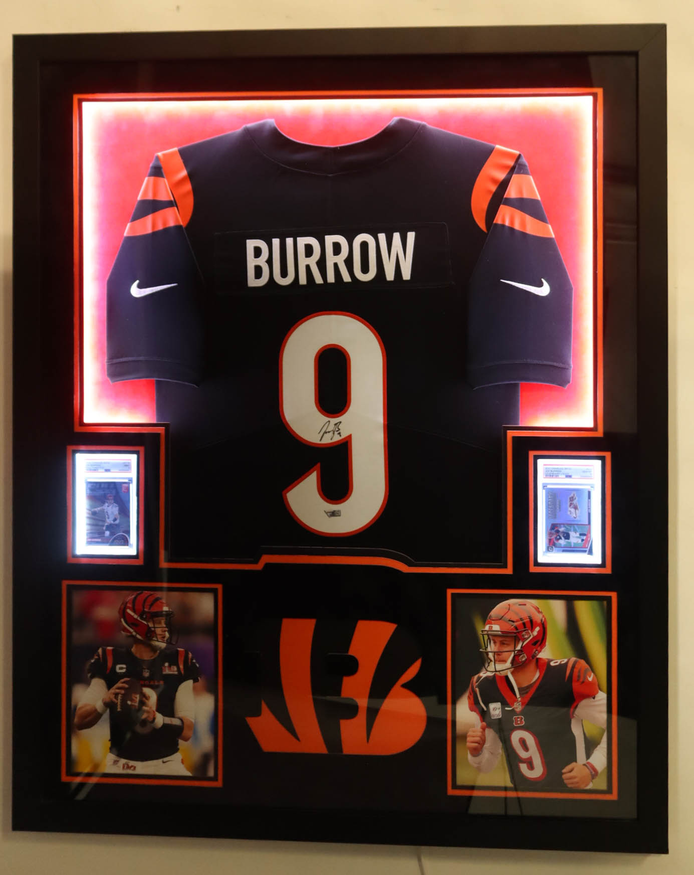 Joe Burrow Signed Bengals Custom Framed Authentic Nike Jersey with LED Display & (2) Photos & (2) (PSA) Graded Sports Cards (Fanatics) at PristineAuction.com Joe Burrow Signed Bengals Custom Framed Authentic Nike Jersey with LED Display & (2) Photos & (2) (PSA) Graded Sports Cards (Fanatics) at PristineAuction.com