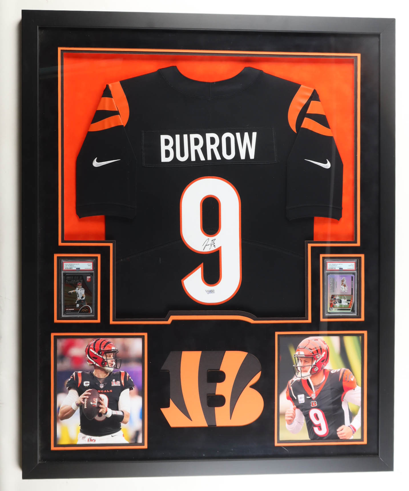 Joe Burrow Signed Bengals Custom Framed Authentic Nike Jersey with LED Display & (2) Photos & (2) (PSA) Graded Sports Cards (Fanatics) at PristineAuction.com Joe Burrow Signed Bengals Custom Framed Authentic Nike Jersey with LED Display & (2) Photos & (2) (PSA) Graded Sports Cards (Fanatics) at PristineAuction.com