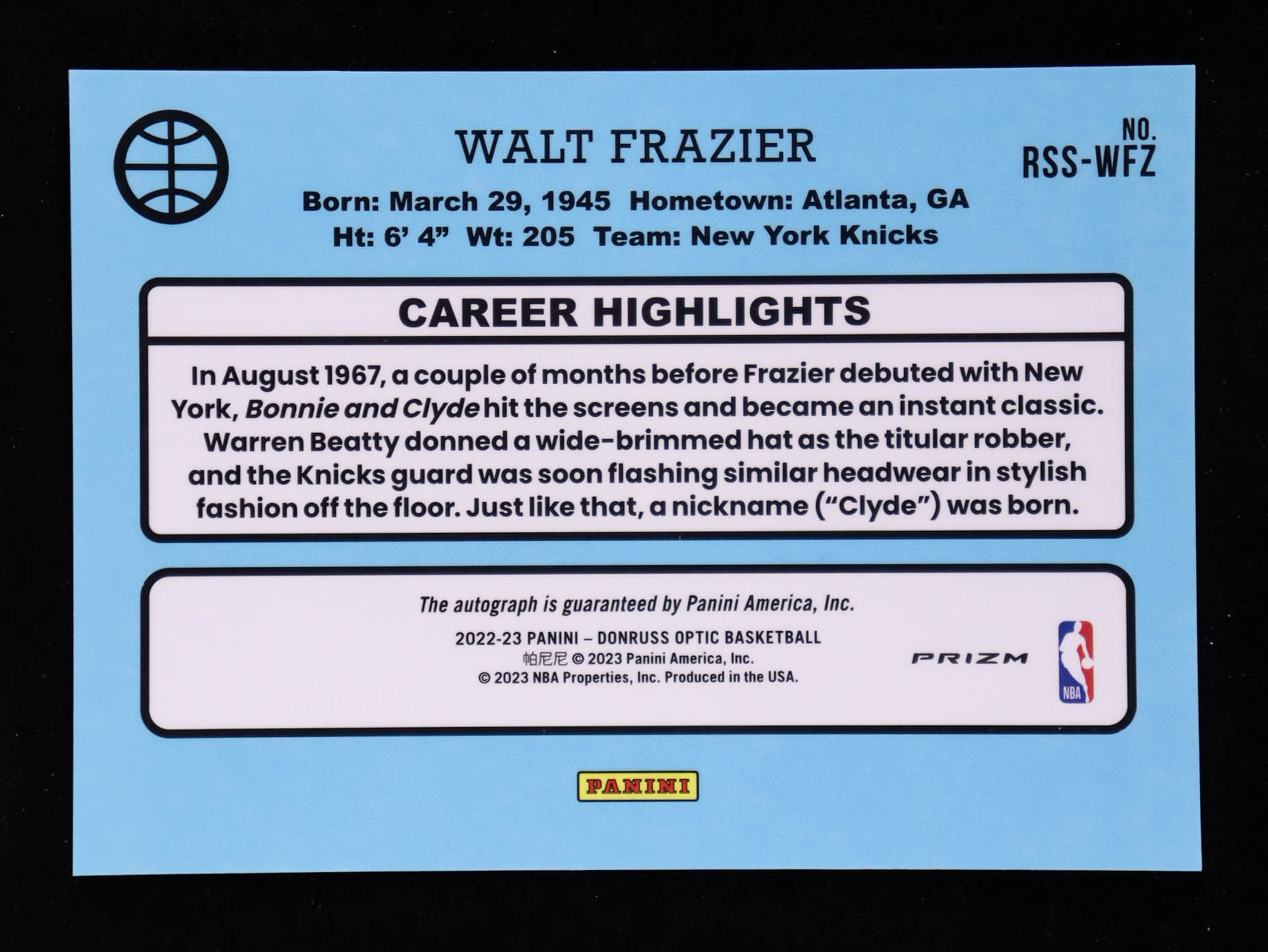 Walt Frazier 2022-23 Donruss Optic Retro Series Signatures Choice #7 at PristineAuction.com Walt Frazier 2022-23 Donruss Optic Retro Series Signatures Choice #7 at PristineAuction.com