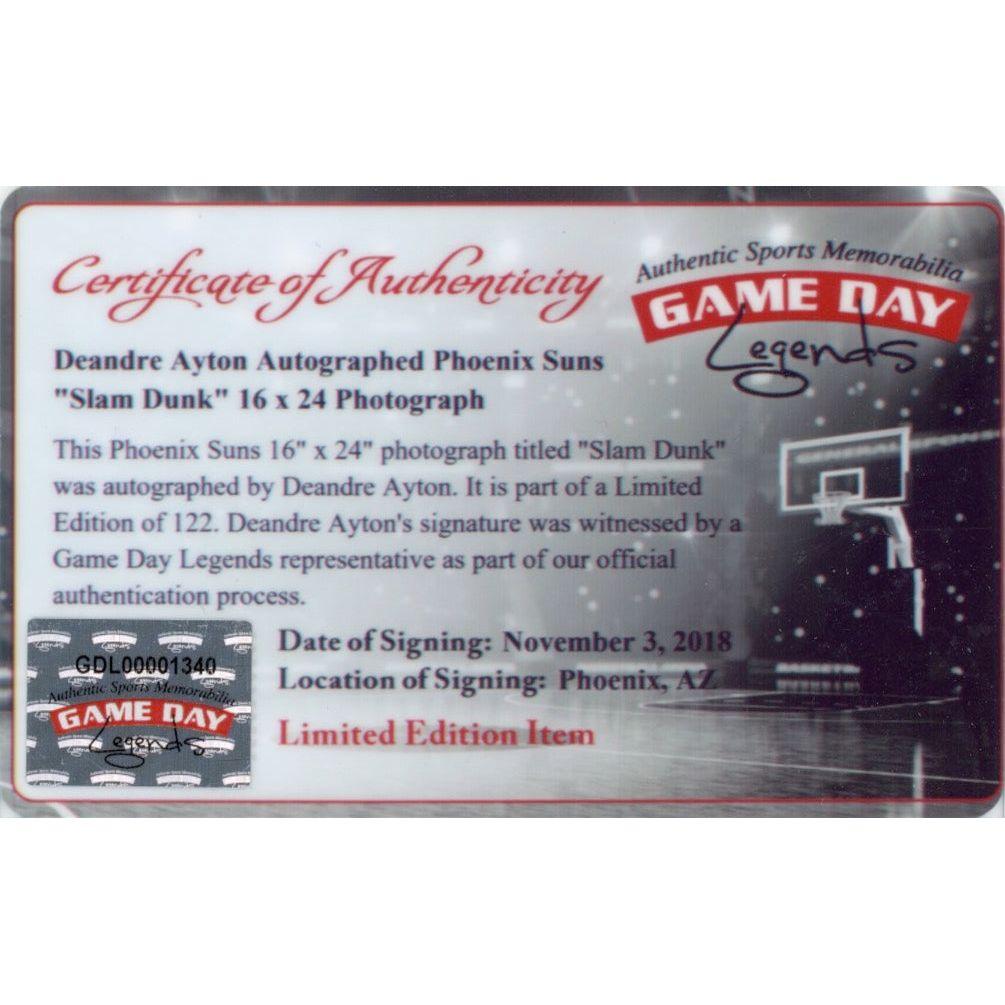 Deandre Ayton Signed LE Suns "Slam Dunk" 16x24 Photo (Game Day Legends & Steiner) at PristineAuction.com Deandre Ayton Signed LE Suns "Slam Dunk" 16x24 Photo (Game Day Legends & Steiner) at PristineAuction.com