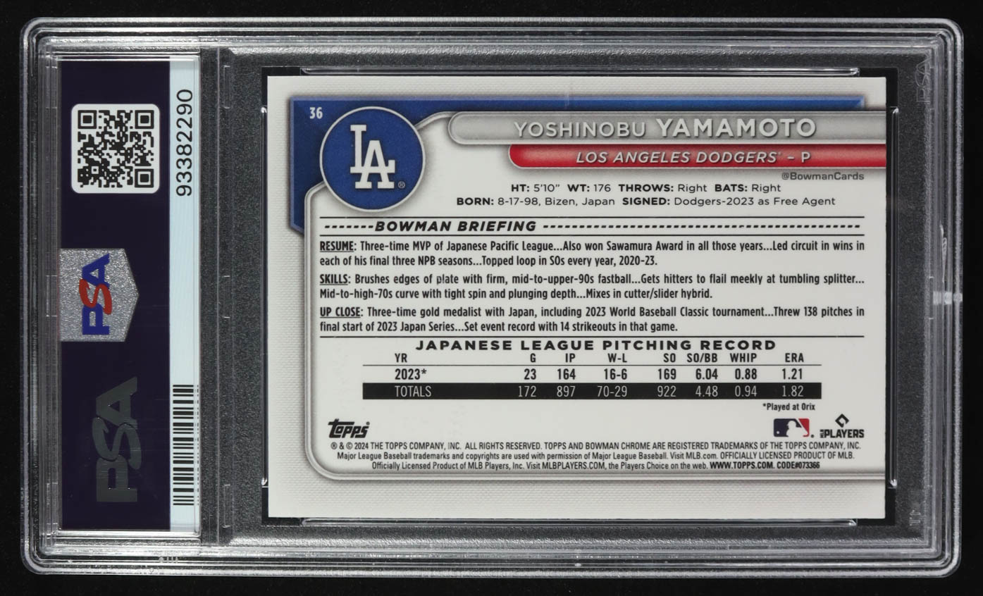 Yoshinobu Yamamoto 2024 Bowman Mega Box Chrome #36 RC (PSA 10) at PristineAuction.com Yoshinobu Yamamoto 2024 Bowman Mega Box Chrome #36 RC (PSA 10) at PristineAuction.com